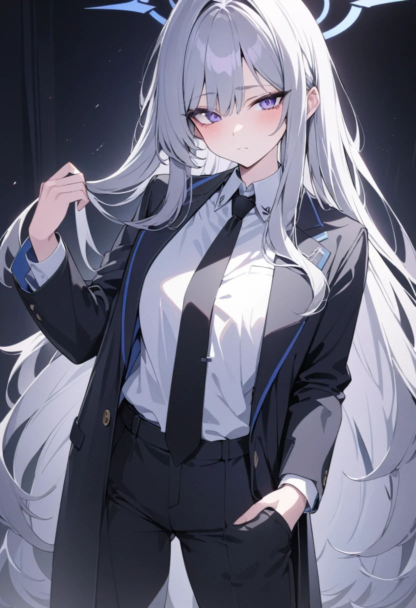 (Highest quality), (High resolution), (masterpiece), (Very detailed), (Bright saturation), (Very detailed目), (Very detailed手), Long hair, Gray Hair, (Purple and Blue Odd-Eye), Blue Archive Style, 1People Girls, Brandishing a black sword in his right hand, Left hand in pocket, Girl, (Black long coat, White shirt, Black tie, Black trousers), Show the whole body, Expressionless, Vivid saturation, Black Halo