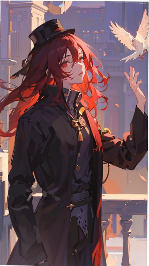 anime girl with long red hair and hat holding a bird, artwork in the style of guweiz, painted in anime painter studio, ilya kuvshinov with long hair, guweiz, made with anime painter studio, artgerm and atey ghailan, beautiful anime portrait, anime girl with long hair, beautiful character painting, loish art style