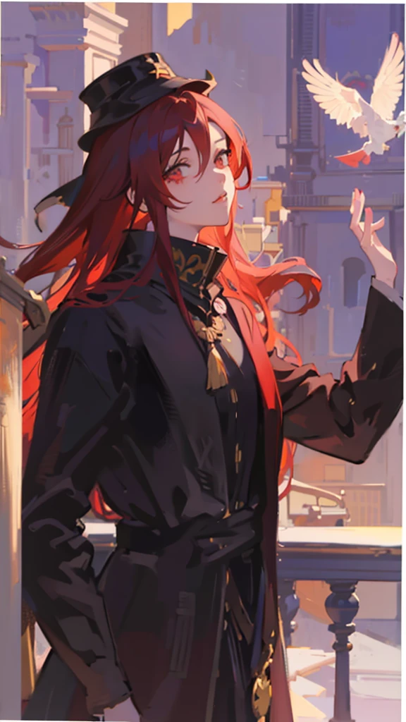 anime girl with long red hair and hat holding a bird, artwork in the style of guweiz, painted in anime painter studio, ilya kuvshinov with long hair, guweiz, made with anime painter studio, artgerm and atey ghailan, beautiful anime portrait, anime girl with long hair, beautiful character painting, loish art style