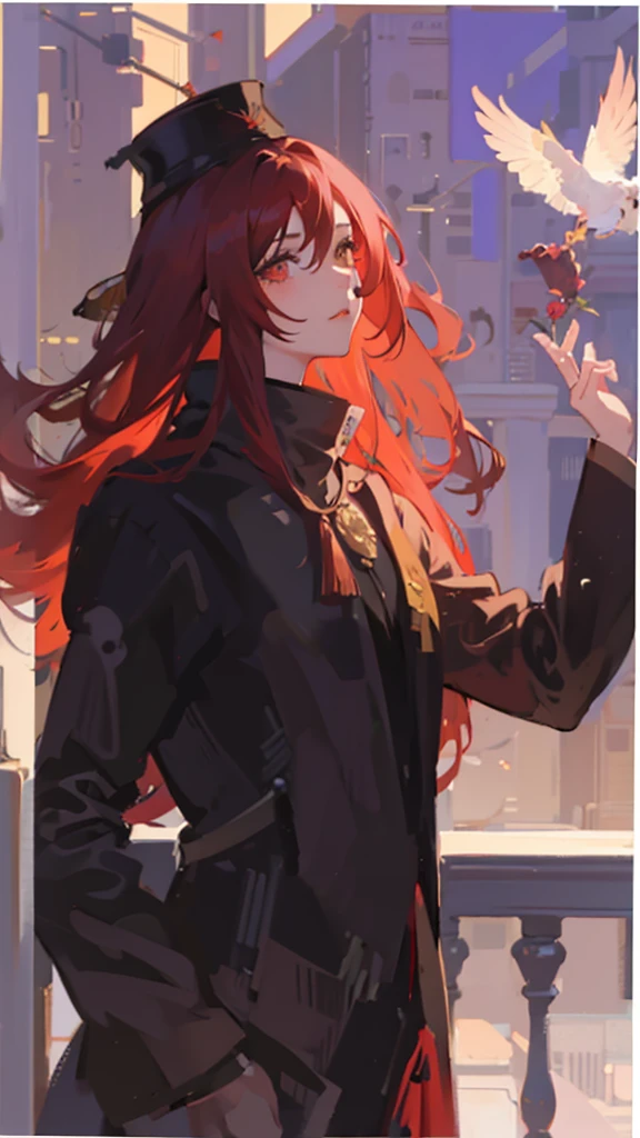 anime girl with long red hair and hat holding a bird, artwork in the style of guweiz, painted in anime painter studio, ilya kuvshinov with long hair, guweiz, made with anime painter studio, artgerm and atey ghailan, beautiful anime portrait, anime girl with long hair, beautiful character painting, loish art style