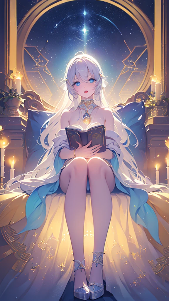 Name: Stellara Leona
Element: STELLARA
Description: The Celestial Sage, guardian of cosmic knowledge. With ancient tomes in hand, she journeys through space-time to share wisdom and restore harmony.
Prompt: ((((Belle époque, Exquise qualité, ultra haute résolution)))), 1woman, serene, sitting, (long, silver hair), pale complexion, (cyan eyes), ((glowing_eyes)), (((ultra detailed eyes:0.8, beautiful and detailed face, detailed eyes:0.9))), (((centered))), (full shot), facing viewer, (((outer space, stars, galaxies:0.9))), ample breasts, holding book, ((open mouth, deep in thought)), ((perfectly manicured hands)), (((head:1, arms, hips in view, elbows, knees, in view))), ((hands resting on knees)), gentle eyes, beautiful lighting, outer space, ((defined subject)), 30 years old, (head tilt), (((ethereal))), ((contemplative)), (((high contrast)))