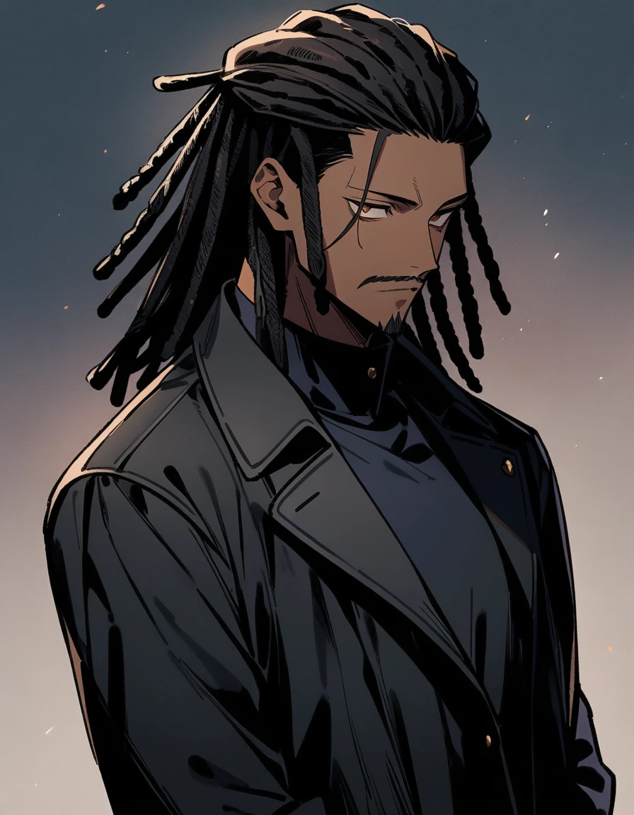(1boy,jujutsu kaisen) solo, (black trench coat), (brown skin color), mustache,goatee, black hair, ((dreadlock hairstyle)), brown eyes, masterpiece, best quality, high quality, upper body, male focus, eye bags