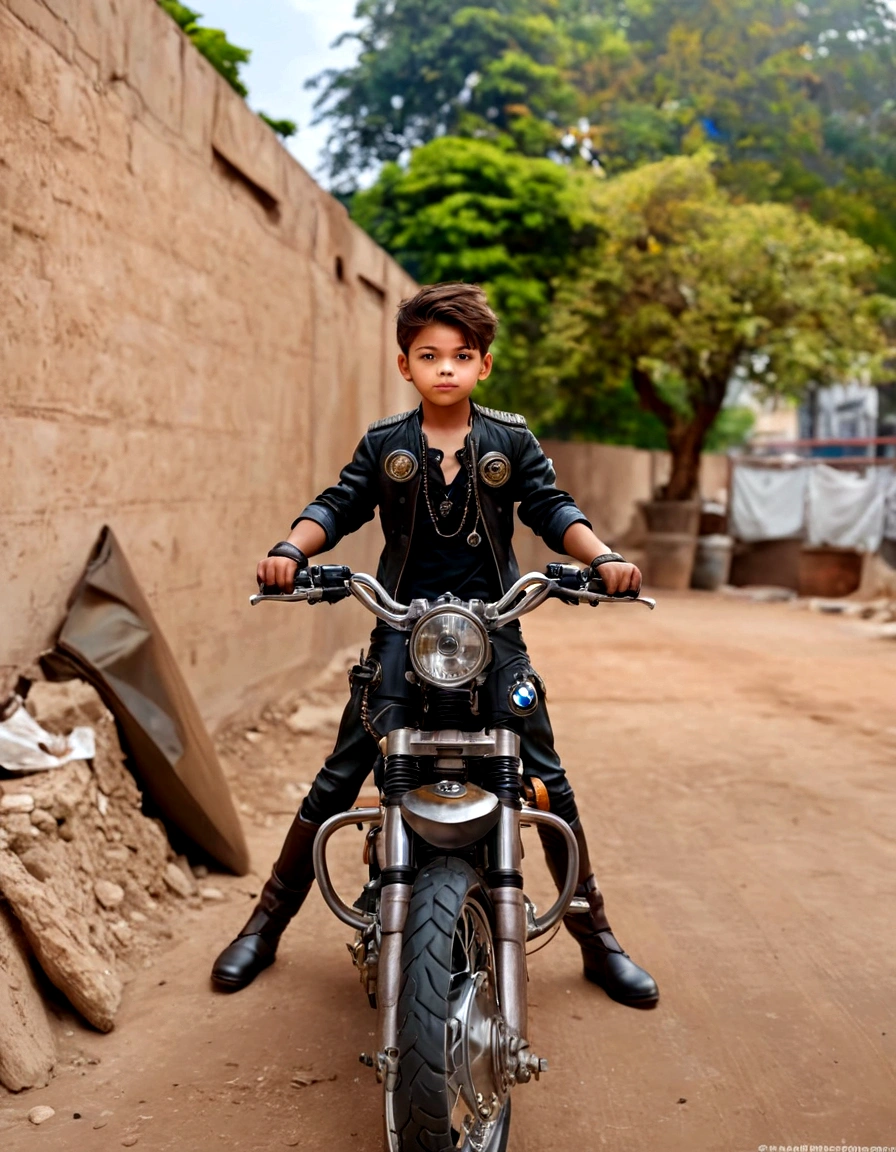 Nicaraguan boy 8 years old round face, brown leather jacket riding a motorcycle