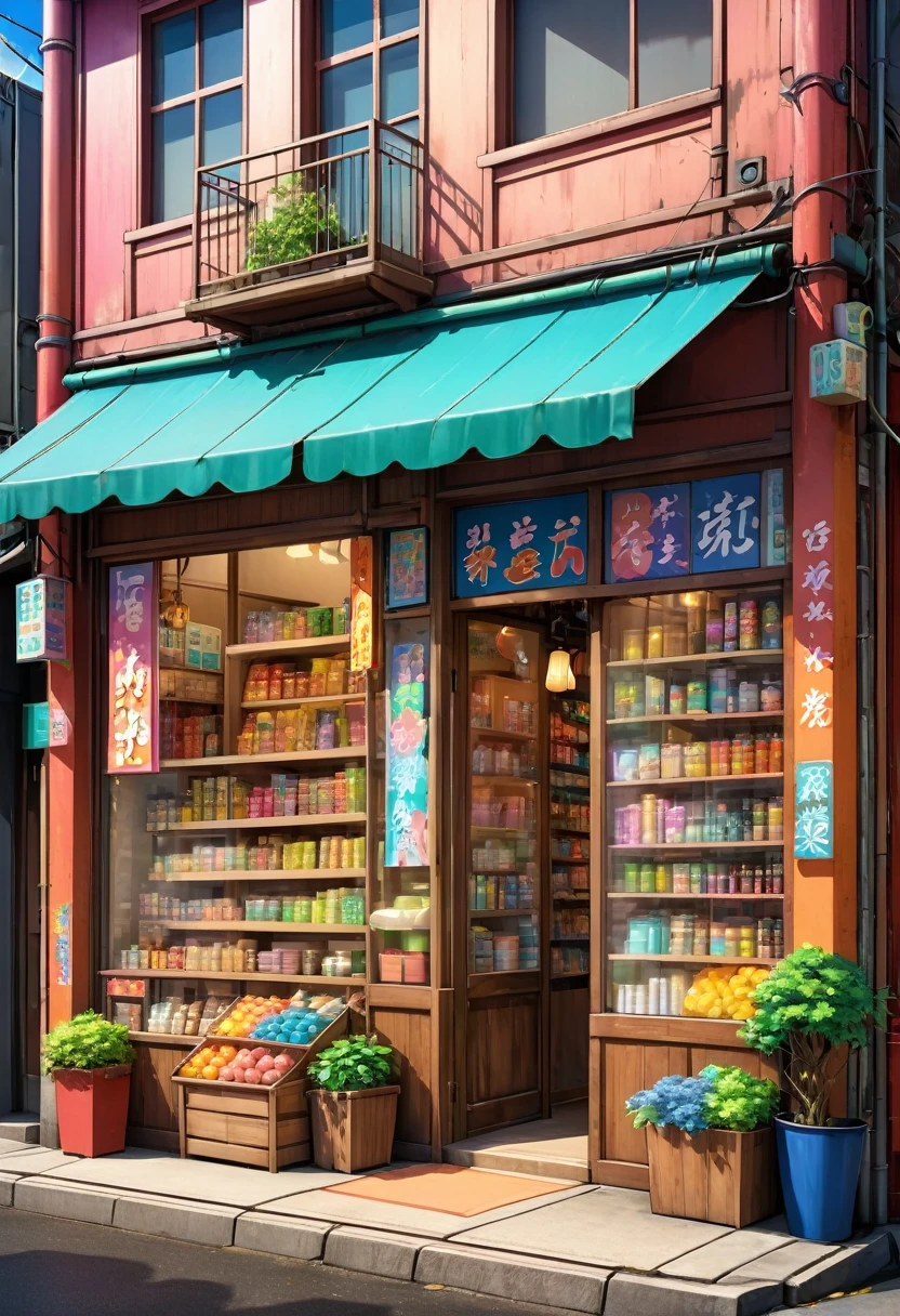 General storefront ,anime style 50%, realistic details 50%, vivid colors, emphasize intricate textures, enhance background details., photo, anime