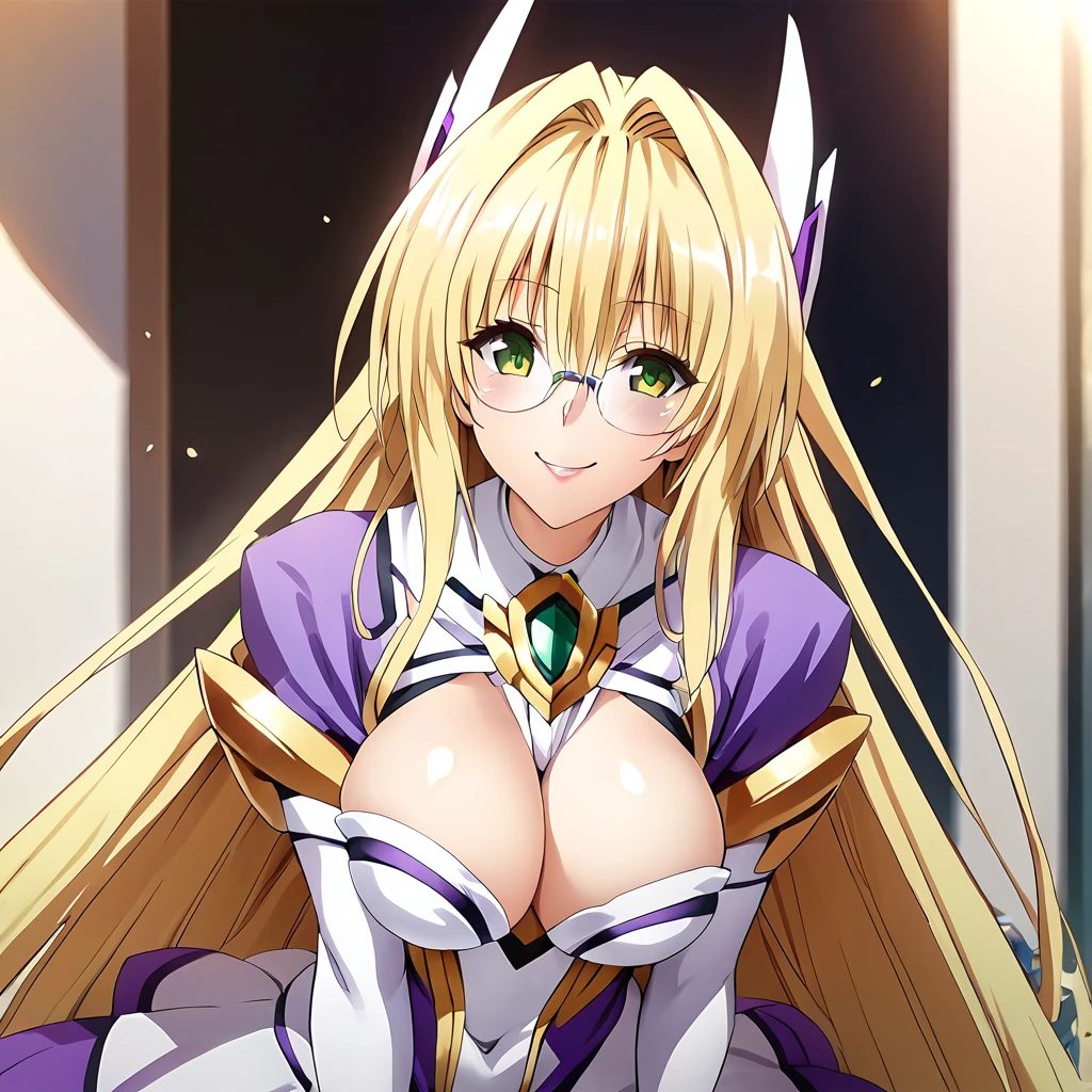 ((Highest quality)), ((masterpiece)), (detailed), (Perfect Face)、The woman is Tearju, a blonde with medium-long hair and green eyes, wearing a transforming heroine costume, and posing perfectly as the transforming heroine with a cheerful and happy smile.