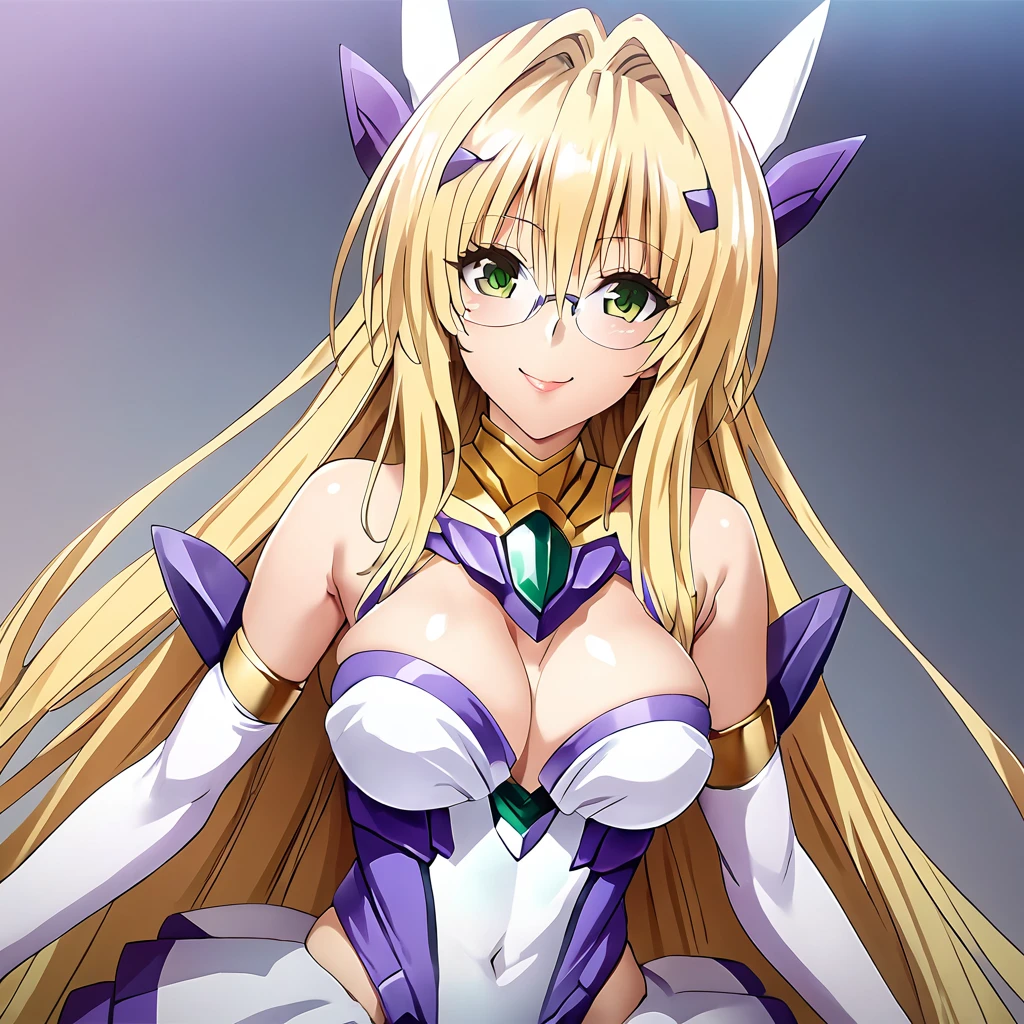 ((Highest quality)), ((masterpiece)), (detailed), （Perfect Face）、The woman is Tearju, a blonde with medium-long hair and green eyes, wearing a transforming heroine costume, and posing perfectly as the transforming heroine with a cheerful and happy smile.