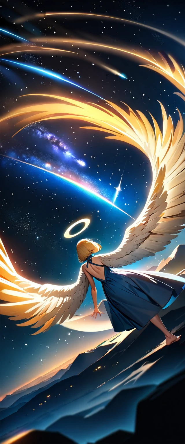 by rella, by foomidori, by lam, by makoto shinkai, by Ilya Kuvshinov,
A young female fashion model, detailed face, detailed eyes, detailed hair, angel, angel wing, mechanical wing, 
wedding dress,
(dynamic pose:1.2), (dutch angle:1.5), golden ratio,
mysterious, like a goddess,
break
clear blue sky, cloud, cloudy sky, space, star, planet, nebula, aurora, milky way, floral, space ship, deep space, perfect world, 
beautiful, aesthetic, detailed, beautiful color, 
amazing quality, best quality, high quality, ultra high res, absurdres, golden_ratio_xl, 