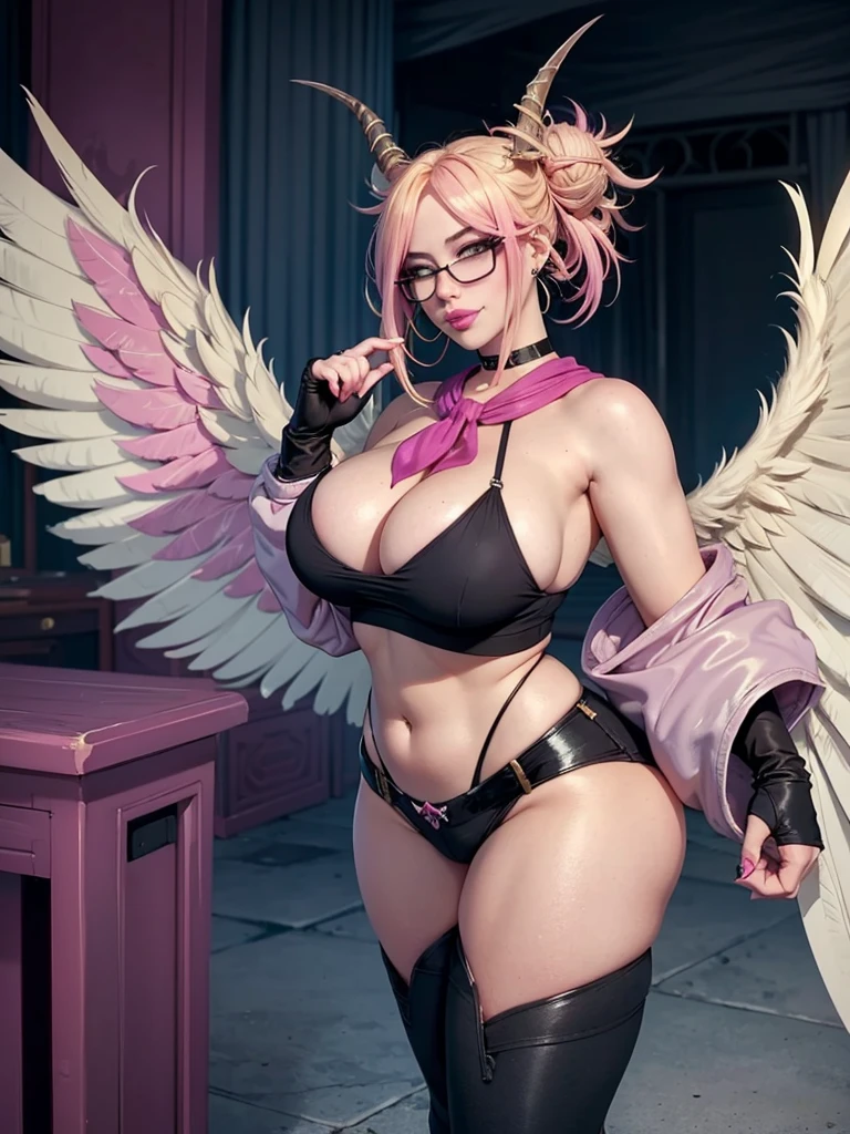 realisticlying,22yo girl,Blonde short、big body, sexy lingerie lace black ,perfect eyes, hair bunches、very very long hair, ultradetailed hair, body nylon sexy, Breasts enlarged、 big body, blonde, woman 1.90 CM,ponytail, ((hair over eyes)),perfect mouth, massive big bounce oppai, WET SKIN, (masterpiece, best quality:1.2), 1girl, solo, city background, haze \(fortnite\), Harpy Haze From fortnite, 1girl, earrings, glasses, hat, jewelry, lips, long hair, looking at viewer, makeup, nail polish, pink eyes, pink hair, pink nails, smile, sunglasses, tinted eyewear, belt, black pants, crop top, eyeshadow, midriff, navel, pants, choker, fingernails, round eyewear, sharp fingernails, standing, black feathers, black headwear, hoop earrings, horned headwear, horns, denim, winged arms, feather trim, star \(symbol\), elbow gloves, dark pink lips, feathers, heels, shoes, angel wings, bangle, black wings, crop top overhang, feathered wings, harpy, low wings, multicolored hair, multicolored wings, pink wings, wings, fingerless gloves, shirt, long fingernails, boater hat, bootcut pants, leather pants, sleeves, black sleeves,massive big bounce oppai,massive big bounce oppai,massive big bounce oppai,big bounce oppai,big bounce oppai,ultra massive breast,