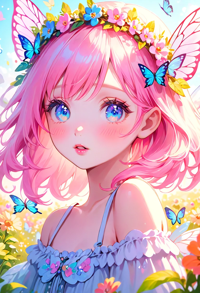 kawaii girl, 1girl, beautiful detailed eyes, beautiful detailed lips, extremely detailed face, long eyelashes, soft pastel colors, pink hair, blue eyes, white skin, cute expression, flower crown, fairy wings, fantasy meadow background, magical light, glowing butterflies, vibrant colors, digital painting, illustration, (best quality, 4k, 8k, highres, masterpiece:1.2), ultra-detailed, (realistic, photorealistic, photo-realistic:1.37)
