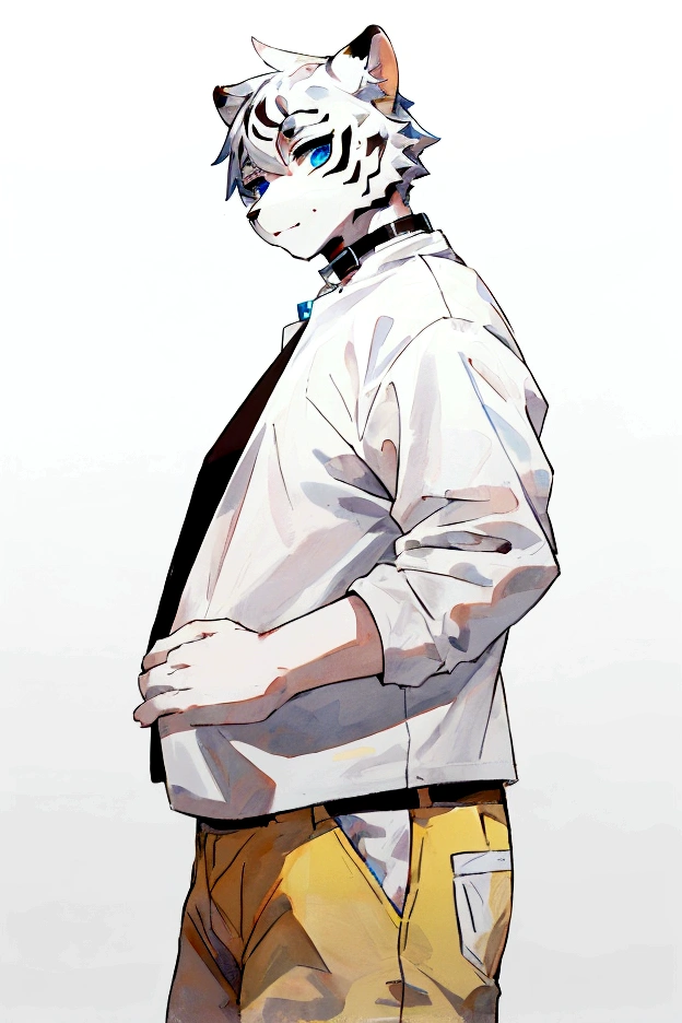 A Tiger with white and black fur, have a white short hair, blue eyes have the irises are white, have chubby body, Wear another shirt with a collar with white and red, White inner shirt, yellow brown pants