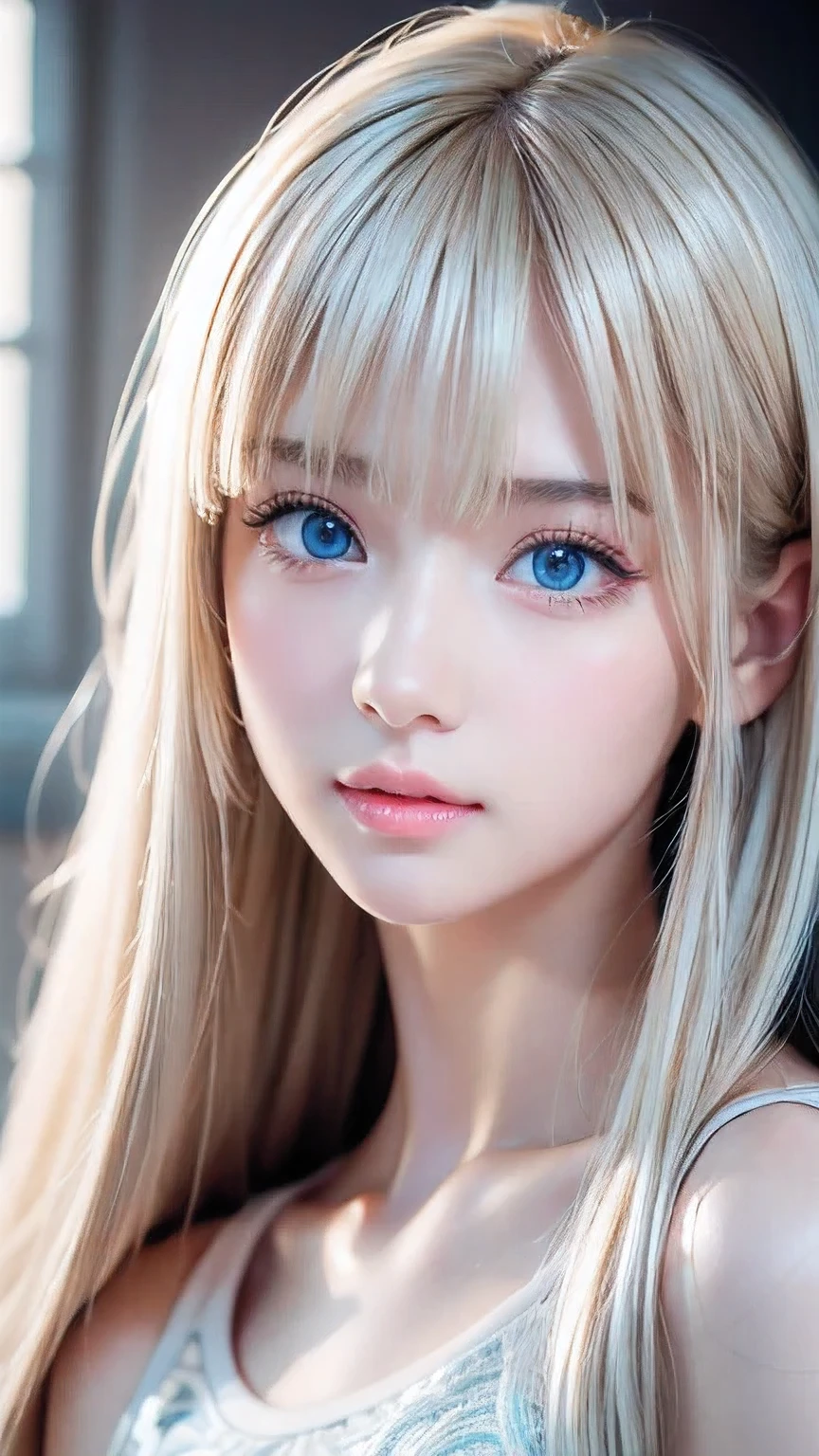 Dressed、(Photorealistic:1.4)、(ハイパーRealistic:1.4)、(Realistic:1.3)、(Smooth lighting:1.05)、(Improved cinematic lighting quality:0.9)、32k、1 Girl、A beautiful woman、Very cute expression、A beautiful 15 year old blonde girl、bangs that fall on the face、Bangs left over the eyeessy bangs between the eyes and nose、Realistic top lighting、Backlight、Face Light、Super long silky platinum hair、Blonde rays、(Bright light:1.2)、(quality improvement:1.4)、(Highest quality realistic textured skin:1.4)、Very beautiful, detailed, shiny, very bright, mint blue, large eyes、Very big eyes、Detailed face、A careful eye for quality、(Tired, sleepy and satisfied: 0.0)、Face close up、T-Shirts、(Enhances the body line:1.1)、(Enhances the beauty of skin texture:1.1)、Cheek gloss highlighter、Small Face Beauty、Round face、Very white and bright skin