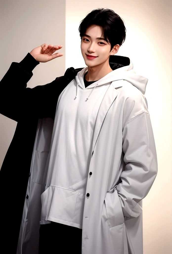 Smiling man, best quality, super detailed,, (Korean), long body, (black knit)), clean lab, (beautiful), (long body)), best quality, super detailed, illustration, super detailed view, (realistic), (black hair)), one young man, (all wearing Evian), (researcher in lab coat)), (no glasses), twink, (fair skin), (knowledgeable), (Korean), long body, (white shirt)), clean lab, (beautiful), shiny hair. He is smiling gently, squinting his eyes. Under his lab coat, he is wearing a black hoodie with a white hood, and black pants. The man has medium length shiny black hair and is standing with his hands in his coat pockets. The background is light and white, giving the image a clean and fresh look.