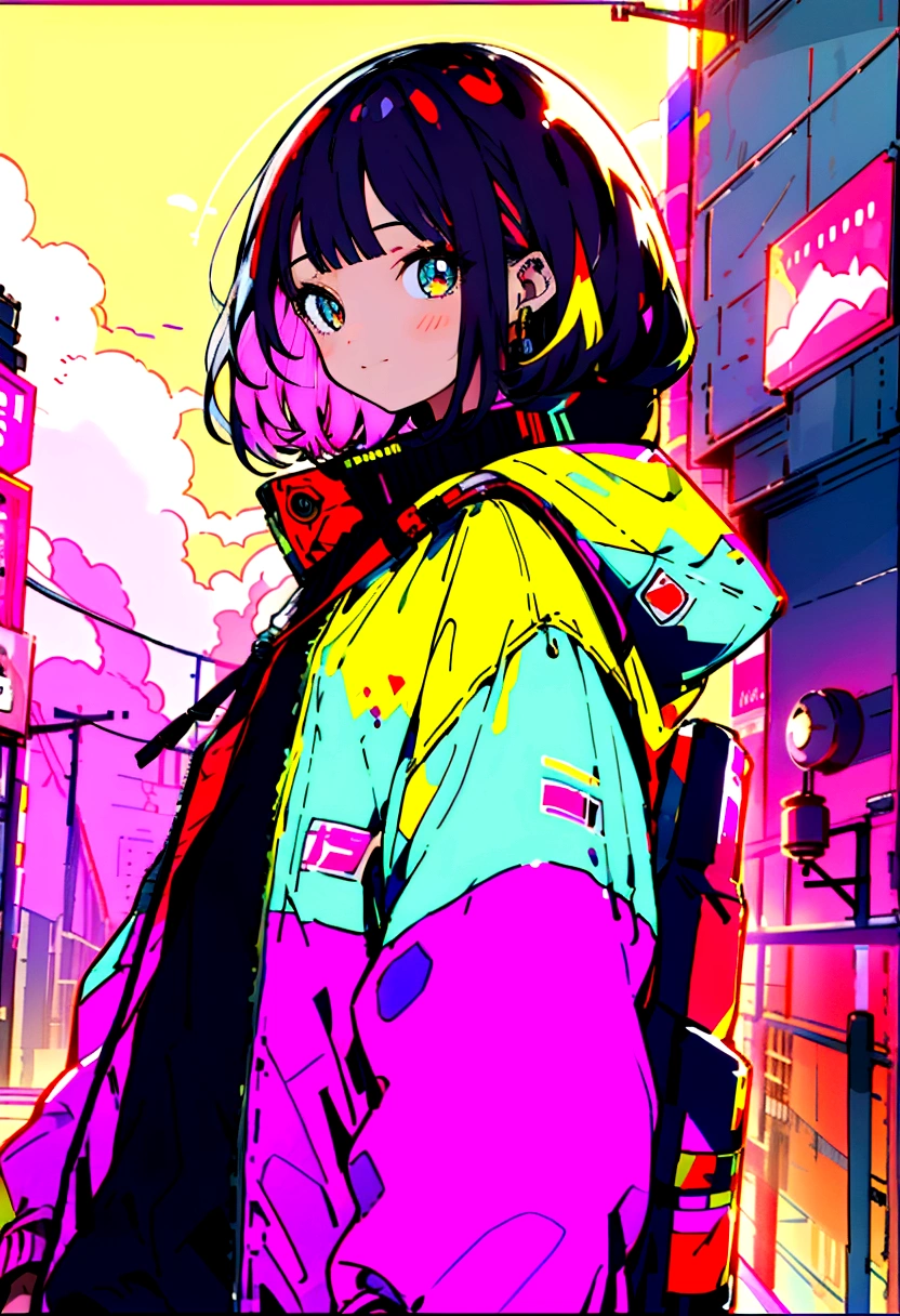 masterpiece, Highest quality, One girl, City Pop, night, Let&#39;s take another look, Upper body, Vector illustration, T-Shirts, smile, Blunt bangs, Hair length, Lofi Art,