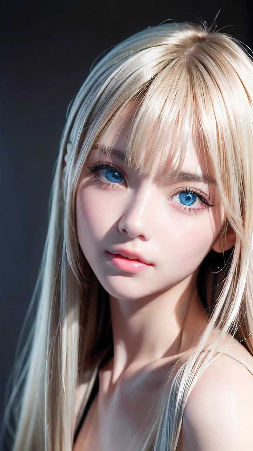 Dressed、(Photorealistic:1.4)、(ハイパーRealistic:1.4)、(Realistic:1.3)、(Smooth lighting:1.05)、(Improved cinematic lighting quality:0.9)、32k、1 Girl、A beautiful woman、Very cute expression、A beautiful 15 year old blonde girl、bangs that fall on the face、Bangs left over the eyeessy bangs between the eyes and nose、Realistic top lighting、Backlight、Face Light、Super long silky platinum hair、Blonde rays、(Bright light:1.2)、(quality improvement:1.4)、(Highest quality realistic textured skin:1.4)、Very beautiful, detailed, shiny, very bright, mint blue, large eyes、Very big eyes、Detailed face、A careful eye for quality、(Tired, sleepy and satisfied: 0.0)、Face close up、T-Shirts、(Enhances the body line:1.1)、(Enhances the beauty of skin texture:1.1)、Cheek gloss highlighter、Small Face Beauty、Round face、Very white and bright skin