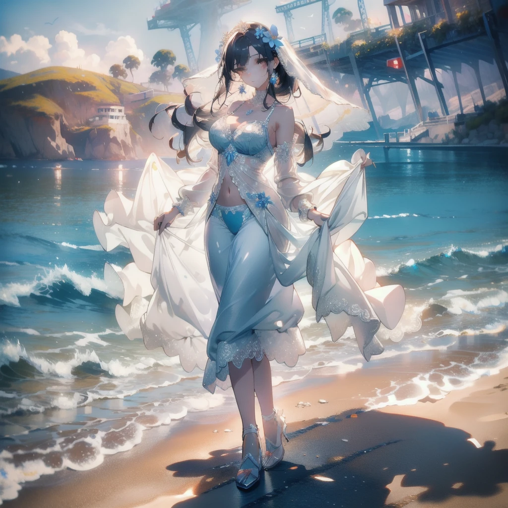 ((masterpiece, best quality)), Epic flower sea atmosphere,Delicate face,bride,seaside,Beach,whole body,Standing picture,glowing white eyes,Large Breasts,Perfect body proportions,Pure white background,firefly,Transparent sexy lingerie,High heel