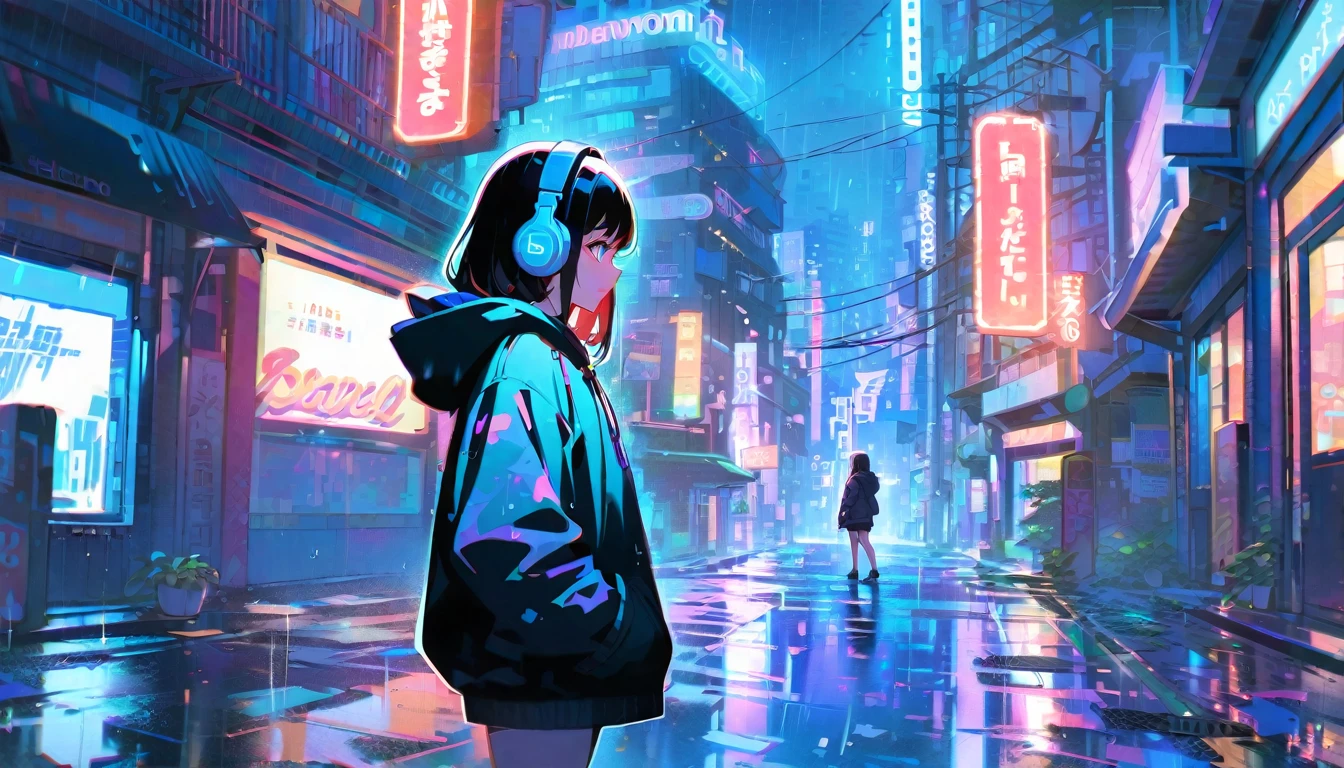 masterpiece,One girl,alone,Incredibly absurd,hoodie,Headphones, street,Outdoor,rain,Neon Light,