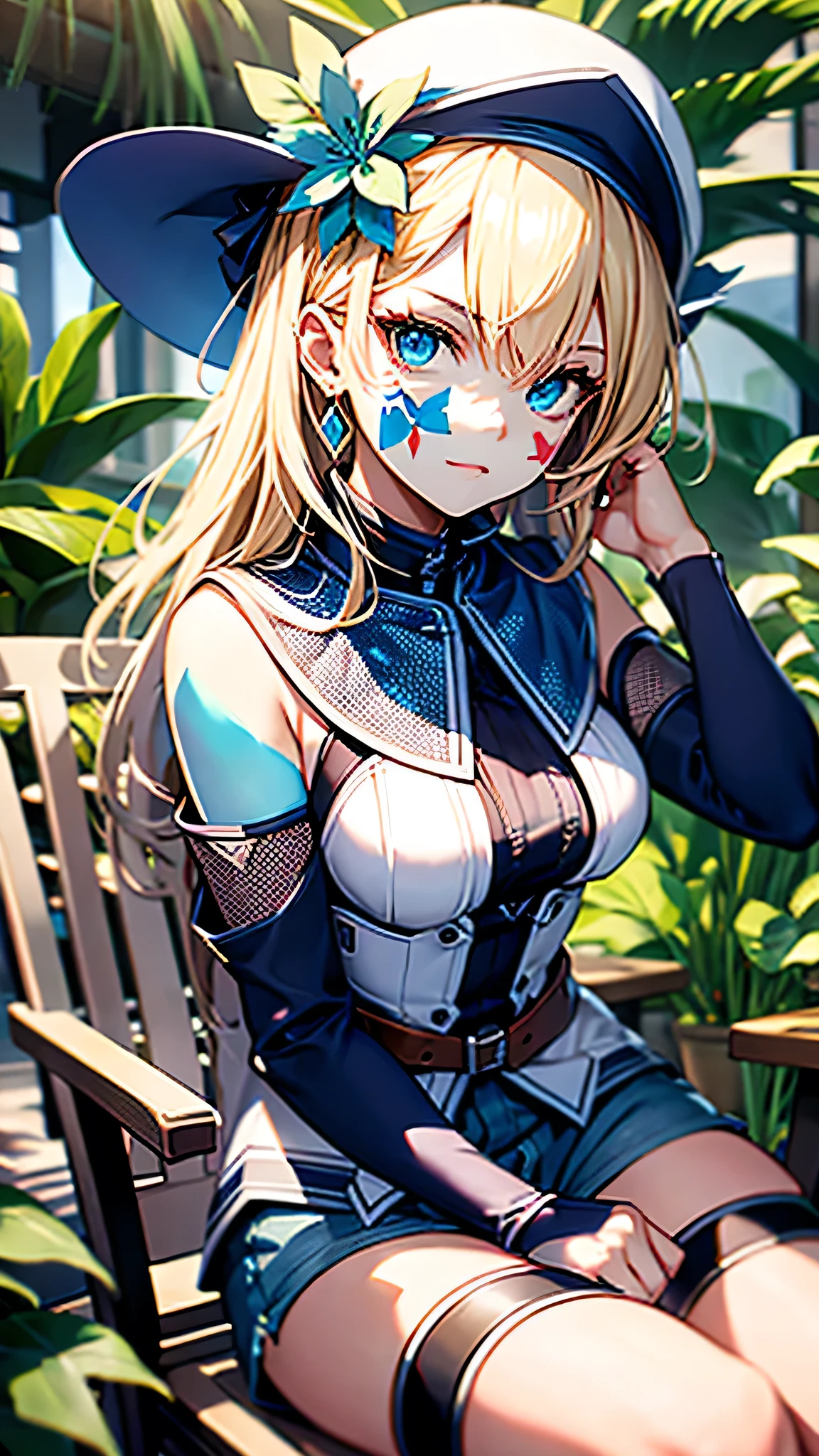 最high quality、Best image quality、masterpiece、With a girl((cute、15 years old、Best Bust、Medium Bust、Bust 85,Beautiful Blue Eyes、Spread your chest wide,Blonde lointail、Slender、The best valley、、Blue sleeveless shirt、White shorts,Show the whole body、Blue Mesh,Leaning forward greatly、Blue hat、Blue Intercom,Face Paint)）high quality、Beautiful art、background((summertime、White table、White chair、shaved ice、)),Tabletop、Exquisite design、Visual Arts、Depth of written boundary、Best lighting、Highest detail、8ｋ