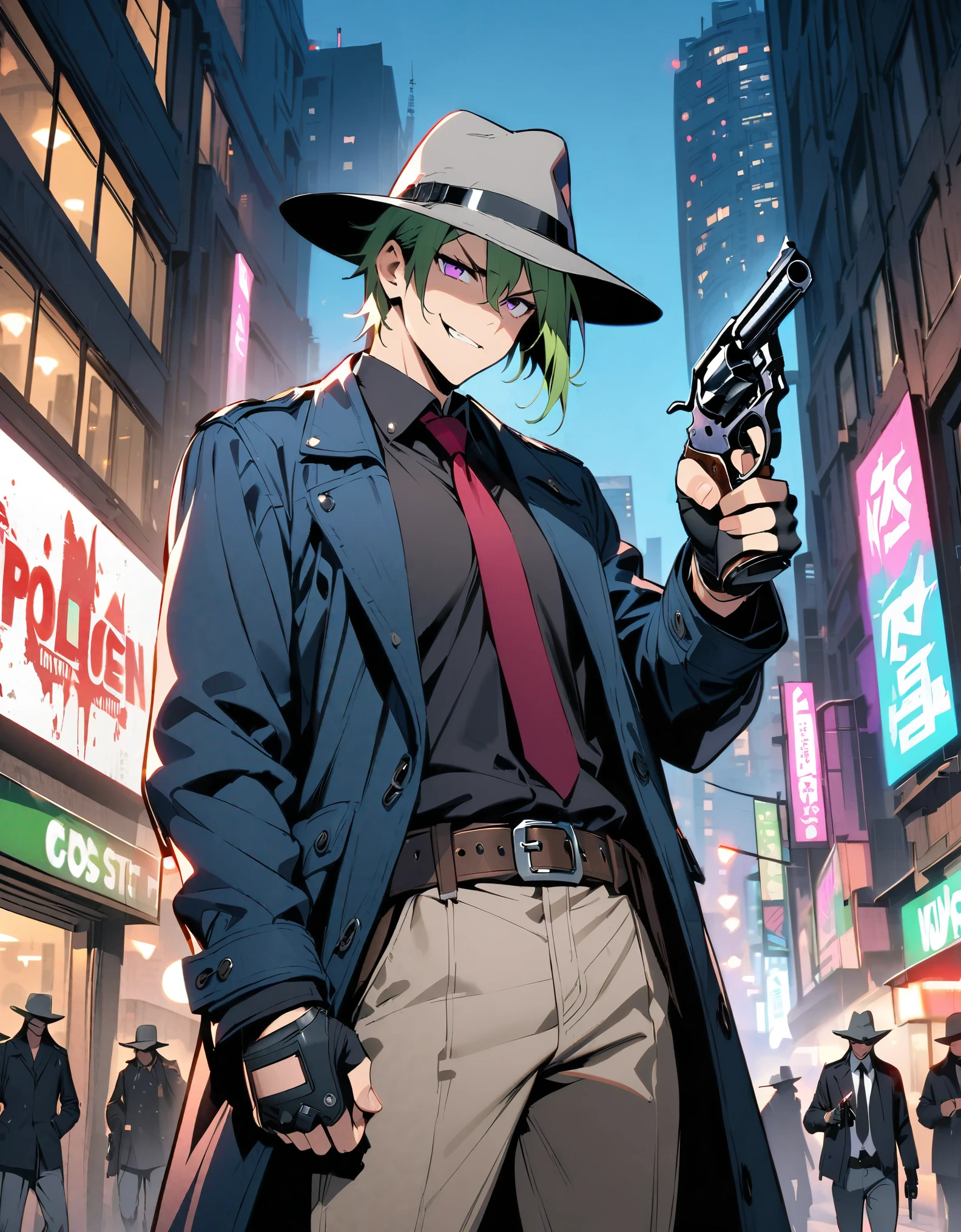 (masterpiece), (best quality), (hires), pulp comic character design, solo, solo focus, ung green-haired man, 1man, purple eyes, full body shot, crazed cowboy mercenary on modern setting, city backdrop, (police helicopter), nighttime, cowboy shot, (grey hat, black shirt, black, necktie, long dark blue coat, fingerless gloves), (grey pants, belt buckle, shoes), deranged look, evil grin, looking at viewer (holding gun, dual weld, revolver, finger on trigger), spaghetti western atmosphere