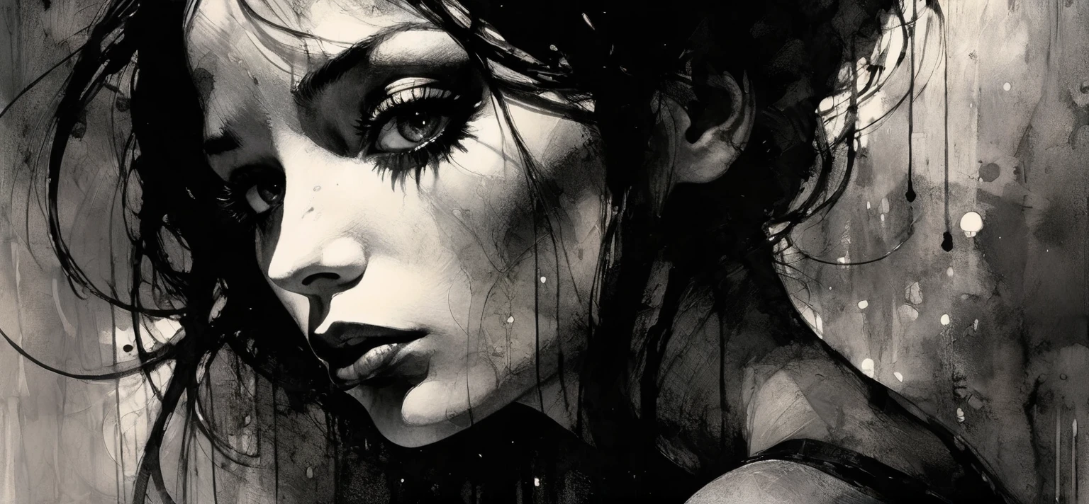 black and white images, Chiaroscuro, Sensual, Dramatic Lighting, Melancholy atmosphere, photoPractical, Intricate details, masterpiece, Extremely detailed, high quality, 8K, best quality, Practical, Movie, Dark and gloomy, expressionistic, Powerful composition, Emotional impact (Bill Sienkiewicz's artistic inspiration). painting)
