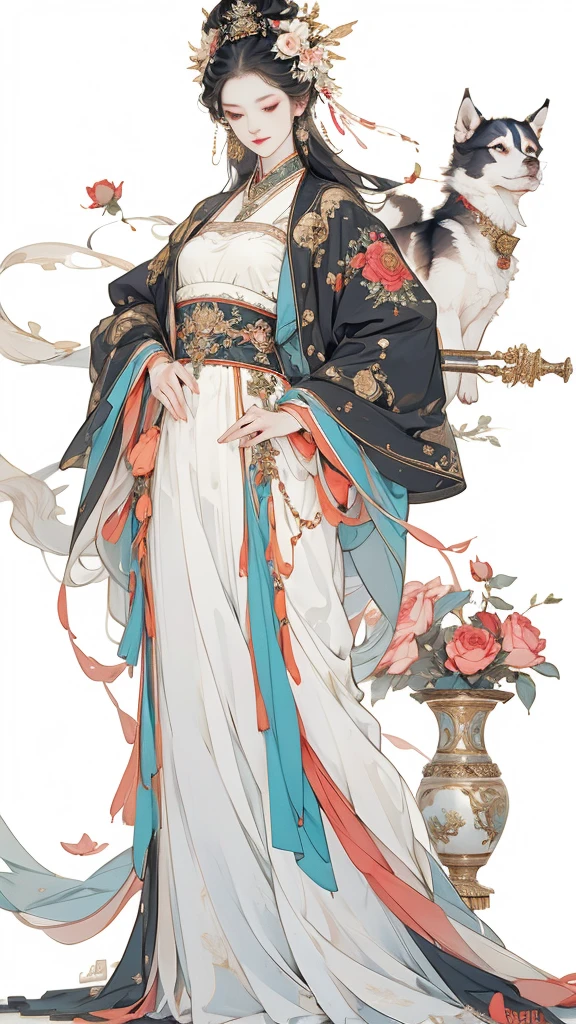 Perfect alignment, Cute little siberian husky, Wearing a jacket,crystal vases,Rose flower, Wearing sunglasses, cheerfulness, Standing position, Abstract beauty, Centered, Looking at the camera, Facing the camera, nearing perfection, Dynamic, Highly detailed, smooth, Sharp focus, 8K, high definition resolution, illustration, Art by Carne Griffiths and Wadim Kashin, White background