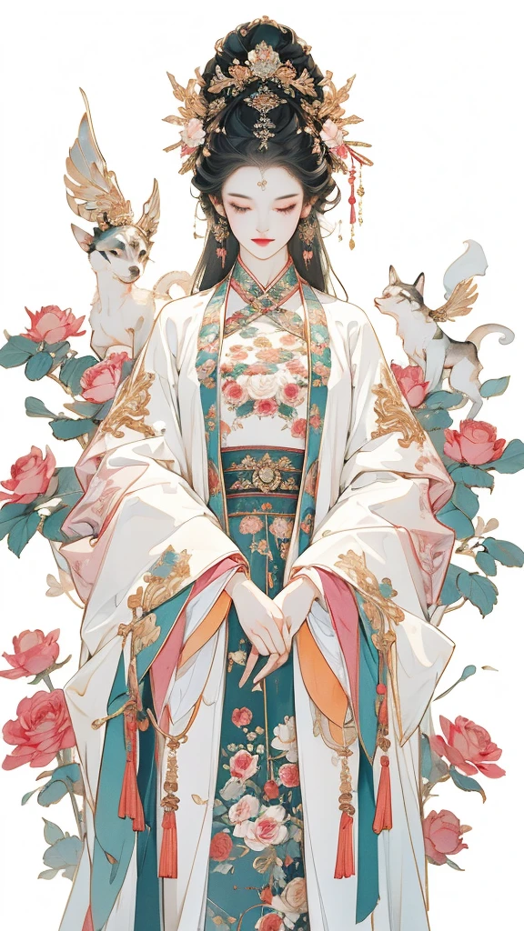 Perfect alignment, Cute little siberian husky, Wearing a jacket,crystal vases,Rose flower, Wearing sunglasses, cheerfulness, Standing position, Abstract beauty, Centered, Looking at the camera, Facing the camera, nearing perfection, Dynamic, Highly detailed, smooth, Sharp focus, 8K, high definition resolution, illustration, Art by Carne Griffiths and Wadim Kashin, White background