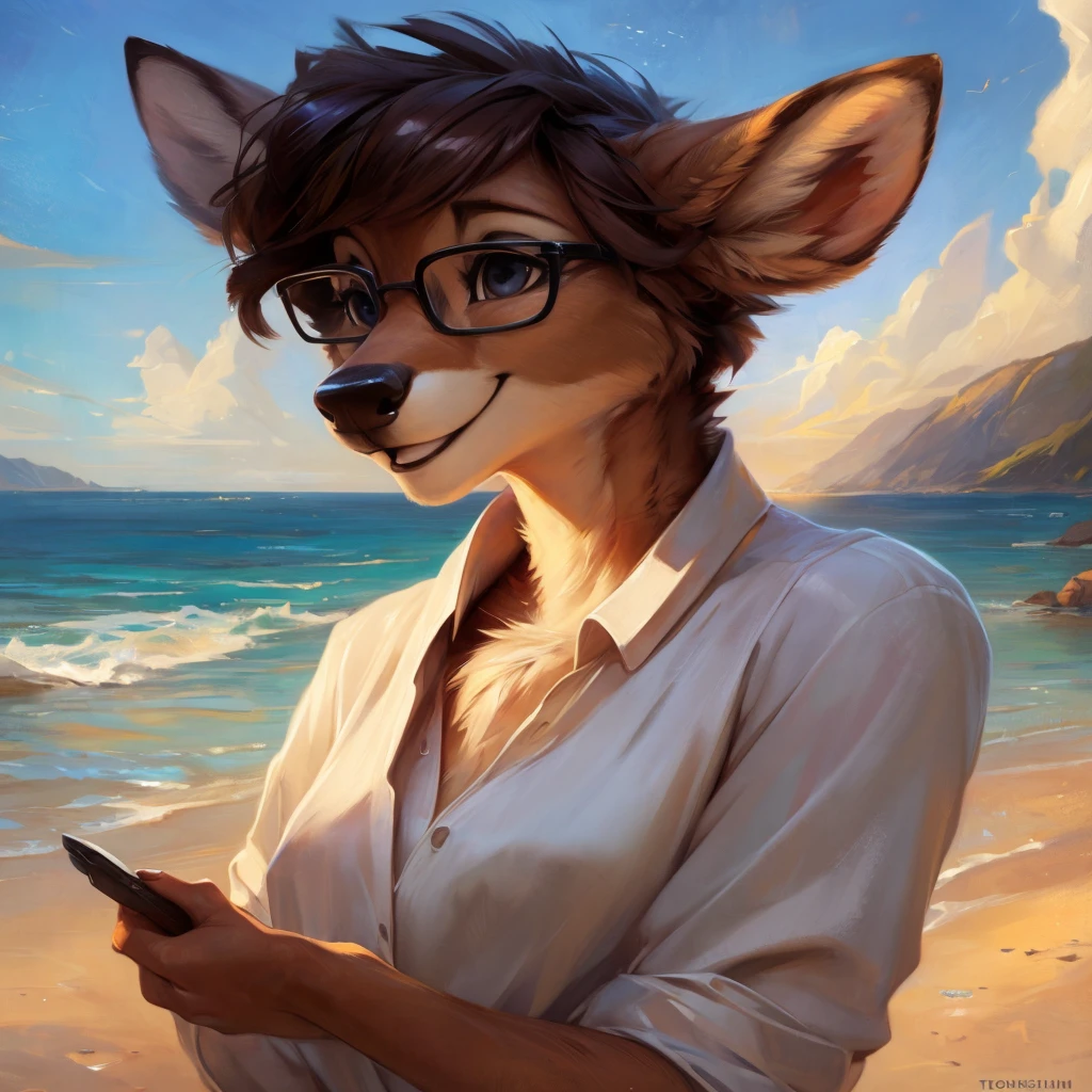 uploaded on e621, by Pixelsketcher, by Bayard Wu, by Thomas Benjamin Kennington , by Einshelm, by hioshiru and kenket, Chunie, portrait, solo anthro female deer doe, with small featureless breasts, clear dark blue, cinematic lighting, day, sunny day, beach, stays in the sea, sea background, mediterranean background, horizon background, shiny, short curly dark brown hair, wears big black nerd glasses, very very beautiful furry art, furry art, smiling, joyful, shiny, happy, feminine, cute face, muzzle, fluffy chest, flawless face, Fallow deer, 1girl, Sakimichan is beautiful, Masterpiece, Wavethesallow Face, shiny, Detailed image, portrait, Detailed image, portrait, full body, wearing wide, long, white blouse, shiny, realistic face, perfect anatomy, hourglass body, (furry body:1.1), anthropomorphic deer, small fluffy tail, detailed background, (cute anatomy:1.1), windy, smiling, very happy, happy