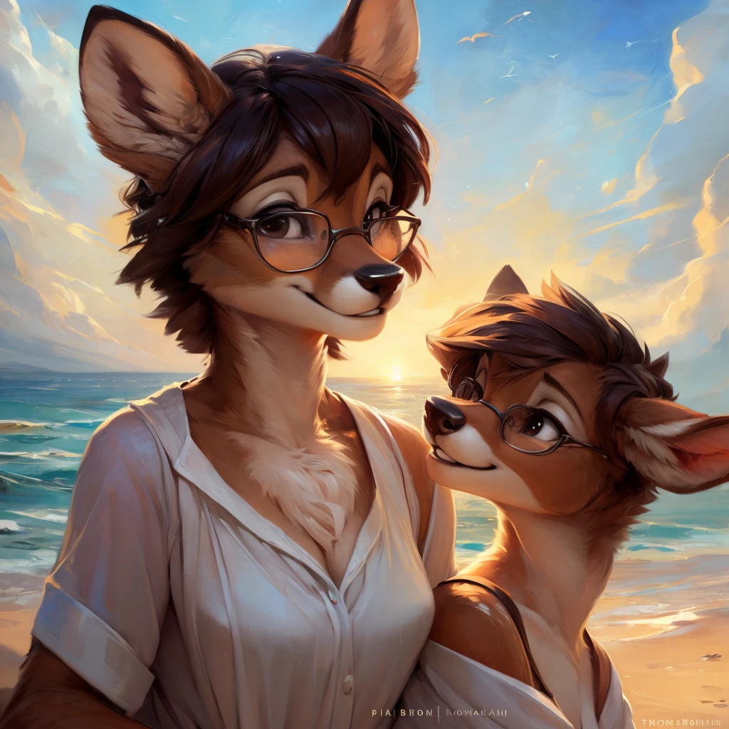 uploaded on e621, by Pixelsketcher, by Bayard Wu, by Thomas Benjamin Kennington , by Einshelm, by hioshiru and kenket, Chunie, portrait, solo anthro female deer doe, with small featureless breasts, clear dark blue, cinematic lighting, day, sunny day, beach, stays in the sea, sea background, mediterranean background, horizon background, shiny, short curly dark brown hair, wears big black nerd glasses, very very beautiful furry art, furry art, smiling, joyful, shiny, happy, feminine, cute face, muzzle, fluffy chest, flawless face, Fallow deer, 1girl, Sakimichan is beautiful, Masterpiece, Wavethesallow Face, shiny, Detailed image, portrait, Detailed image, portrait, full body, wearing wide, long, white blouse, shiny, realistic face, perfect anatomy, hourglass body, (furry body:1.1), anthropomorphic deer, small fluffy tail, detailed background, (cute anatomy:1.1), windy, smiling, very happy, happy
