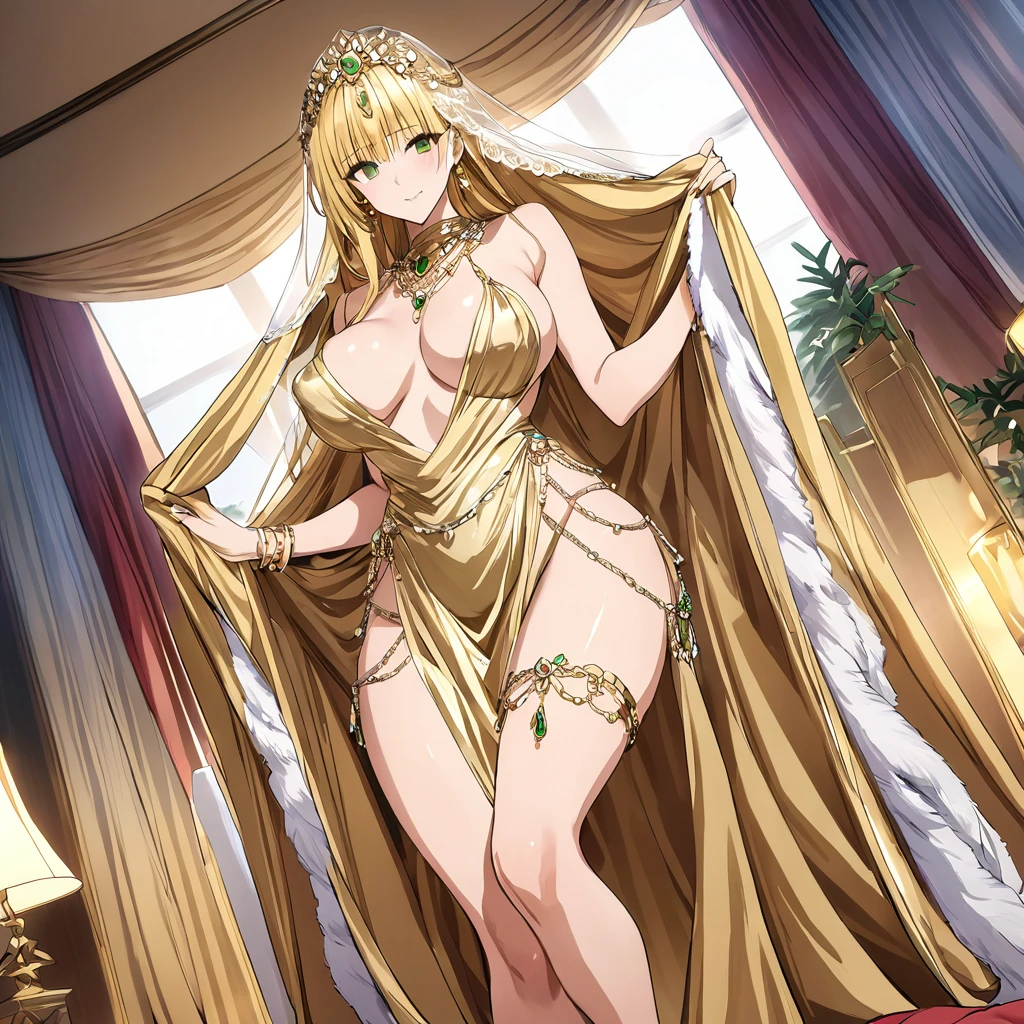 ((Highest quality)), ((masterpiece)), (detailed), (Perfect Face)、The woman was a thia, with green eyes and medium-long blonde hair. She was wearing a luxurious, shiny, and luxurious, gold-colored, long-slit see-through dress with gold embroidery and edging, which allowed her skin to show through, a gold-colored see-through cape, and a gold-colored see-through veil. She was also wearing a luxurious jeweled hair accessory, a jeweled head dress chain, a jeweled waist chain, a luxurious necklace, bracelets, ankle bracelets, jeweled earrings, and shiny gold boots. She was also wearing an engagement ring.、The woman is in a luxurious room.