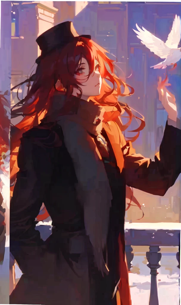 anime girl with long red hair and hat holding a bird, artwork in the style of guweiz, painted in anime painter studio, ilya kuvshinov with long hair, guweiz, made with anime painter studio, artgerm and atey ghailan, beautiful anime portrait, anime girl with long hair, beautiful character painting, loish art style