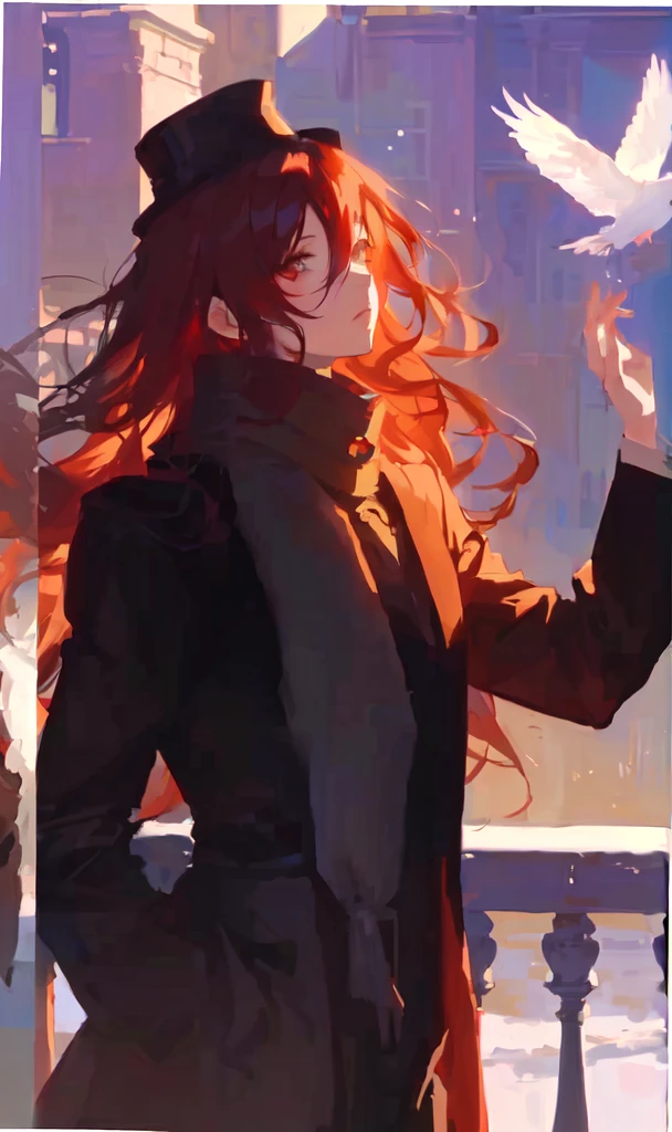 anime girl with long red hair and hat holding a bird, artwork in the style of guweiz, painted in anime painter studio, ilya kuvshinov with long hair, guweiz, made with anime painter studio, artgerm and atey ghailan, beautiful anime portrait, anime girl with long hair, beautiful character painting, loish art style