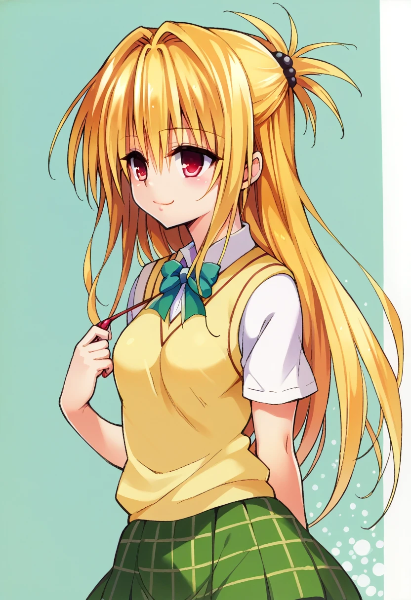 Kentaro Yabuki, love〜fart, ore_9, score_8_superior, score_7_superior BREAK 
konjiki no yami, Red eyes, Blonde, Hair Intake, Long Hair, Hair Pod, , skirt, Sweater vest, View your viewers, A light smile, Portraiture, 
 