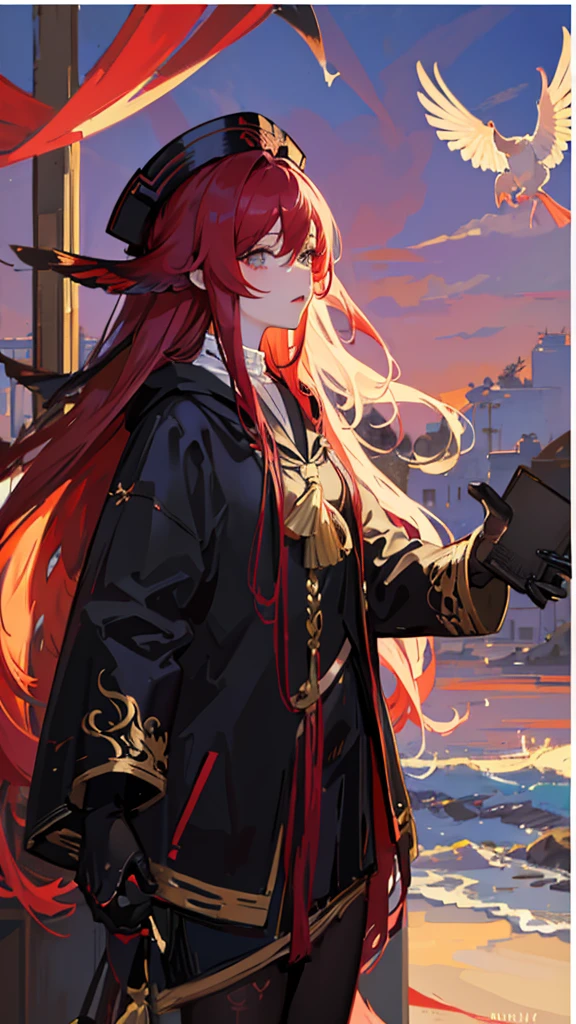 anime girl with long red hair and hat holding a bird, artwork in the style of guweiz, painted in anime painter studio, ilya kuvshinov with long hair, guweiz, made with anime painter studio, artgerm and atey ghailan, beautiful anime portrait, anime girl with long hair, beautiful character painting, loish art style