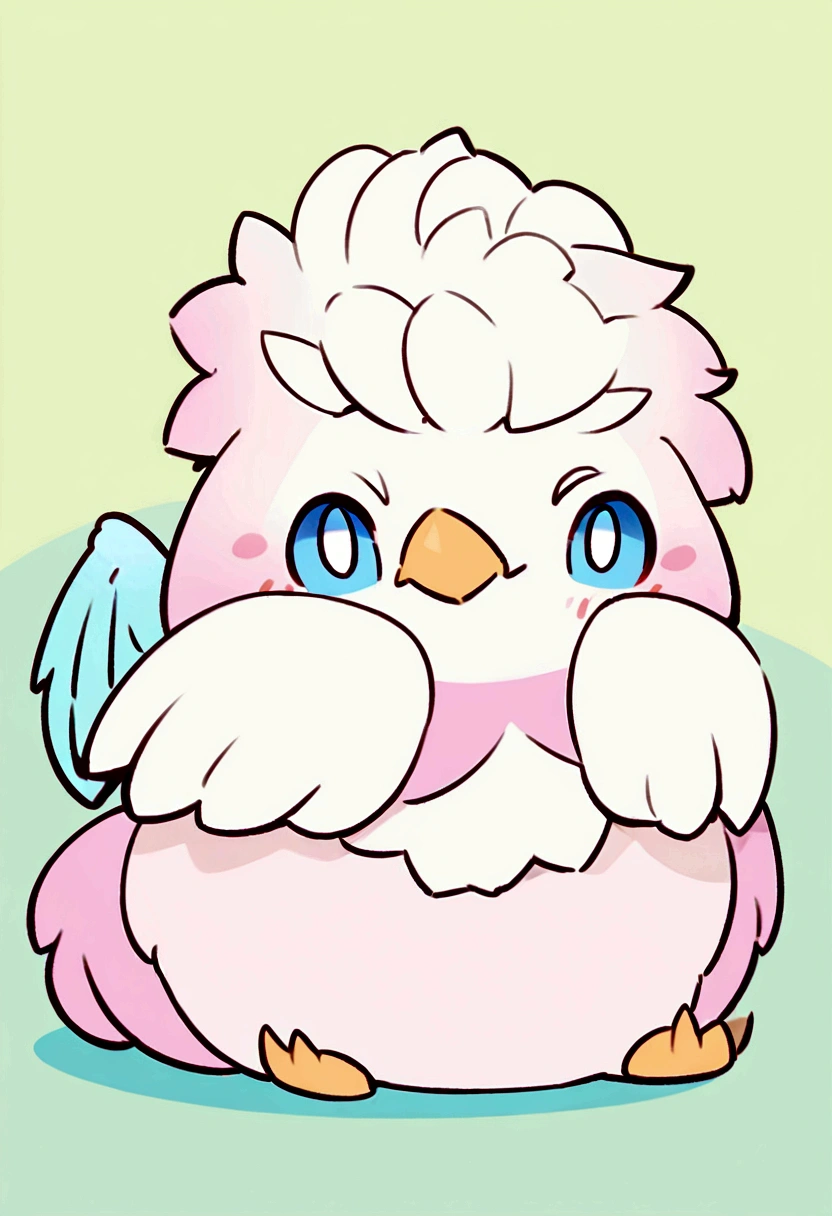 "Create a cute chibi-style character of a griffin. The griffin should have a small, round body with large, expressive eyes. Its head and front legs should resemble an eagle, with a small beak and fluffy feathers, while its hind legs and tail should be that of a lion, with soft fur and a tufted tail. The griffin should be in a playful pose, perhaps sitting or with one paw raised, and have a friendly, cheerful expression. Use bright and vibrant colors, and add small details like tiny wings on its back and a little tuft of fur on its head. The background should be simple, with a light pastel color to keep the focus on the character."