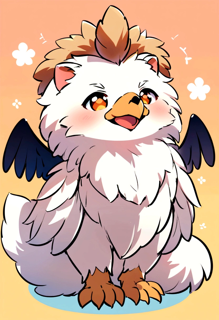"Create a cute chibi-style character of a griffin. The griffin should have a small, round body with large, expressive eyes. Its head and front legs should resemble an eagle, with a small beak and fluffy feathers, while its hind legs and tail should be that of a lion, with soft fur and a tufted tail. The griffin should be in a playful pose, perhaps sitting or with one paw raised, and have a friendly, cheerful expression. Use bright and vibrant colors, and add small details like tiny wings on its back and a little tuft of fur on its head. The background should be simple, with a light pastel color to keep the focus on the character."