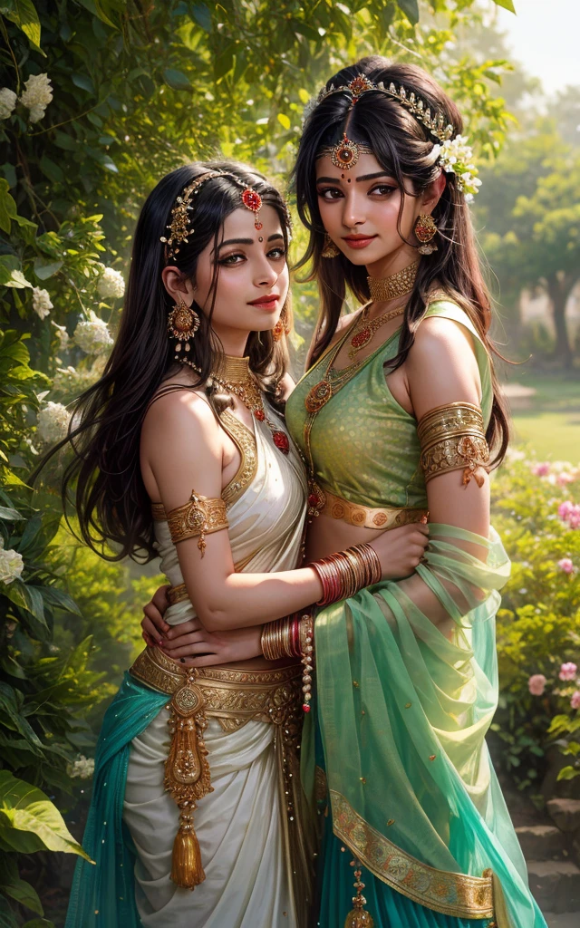 "make a cinematic, realistic image of Krishna and Radha smilinga and lookinf at eash other very lovingly , behing them in a background there is flowers and tress and clund and beautiful scnery 4k, aspect ratio 16:9"