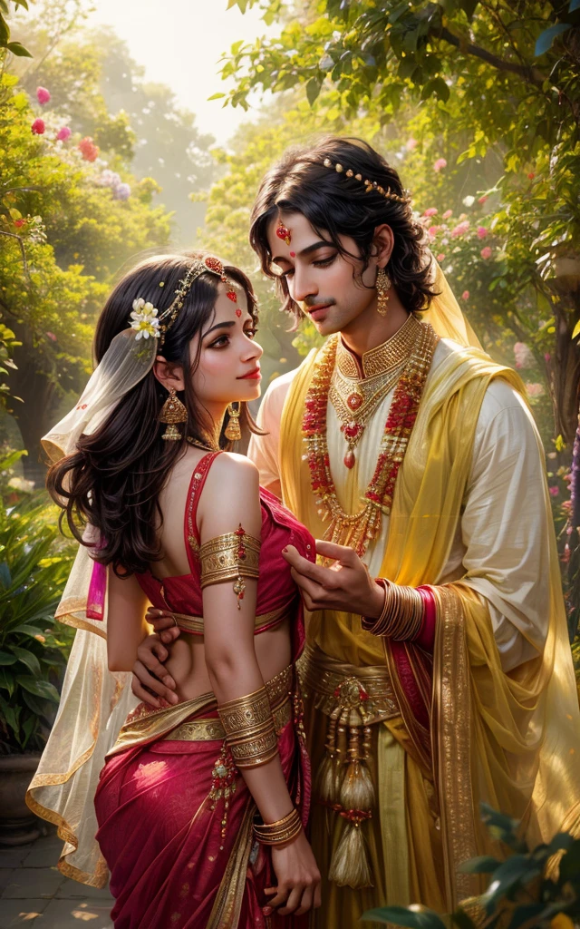 "make a cinematic, realistic image of Krishna and Radha smilinga and lookinf at eash other very lovingly , behing them in a background there is flowers and tress and clund and beautiful scnery  4k, aspect ratio 16:9"