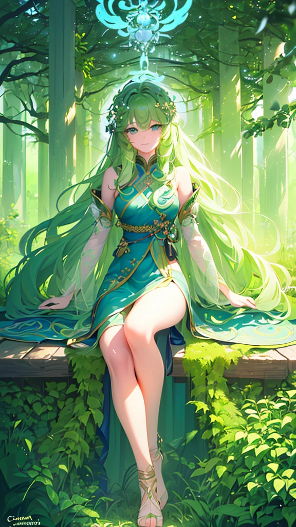 Name: Yui-ko
Element: VERDANTHIA
Description: The Nurturer, guardian of the Green Forest. A gentle, wise, and powerful being, cherishing the balance of nature. Her ethereal presence brings growth and restoration.
Prompt: ((((Masterpiece, Top tier, Ultra high definition)))), 1girl, serene, sitting, (long, wavy, green hair), ((glowing aura)), (((ultra detailed face, beautiful and detailed eyes:0.9))), ((left side view)), (full body shot), surrounded by greenery, ((fair complexion)), (emerald green eyes), ((lovely smile)), (((head, shoulders, arms, and thighs visible))), ((crossed legs)), ((gentle expression)), beautiful lighting, forest, ((defined subject)), 27 years old, (((contented)), ((calm)), (((high saturation)))