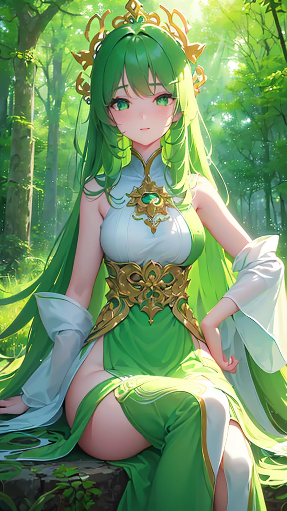 Name: Yui-ko
Element: VERDANTHIA
Description: The Nurturer, guardian of the Green Forest. A gentle, wise, and powerful being, cherishing the balance of nature. Her ethereal presence brings growth and restoration.
Prompt: ((((Masterpiece, Top tier, Ultra high definition)))), 1girl, serene, sitting, (long, wavy, green hair), ((glowing aura)), (((ultra detailed face, beautiful and detailed eyes:0.9))), ((left side view)), (full body shot), surrounded by greenery, ((fair complexion)), (emerald green eyes), ((lovely smile)), (((head, shoulders, arms, and thighs visible))), ((crossed legs)), ((gentle expression)), beautiful lighting, forest, ((defined subject)), 27 years old, (((contented)), ((calm)), (((high saturation)))