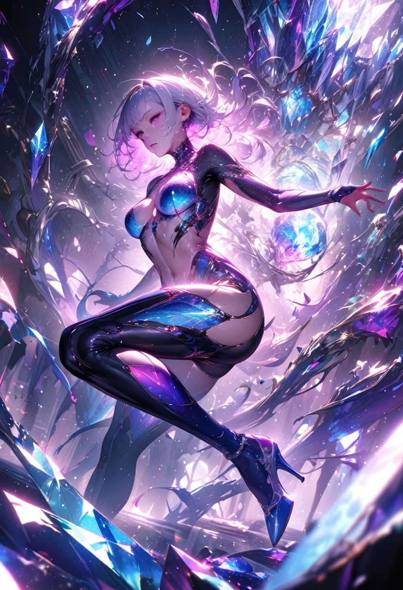 crystal covered, （Full body ：1.3） side shot, alternate color, masterpiece, detailed illustration, realistic, pixiv top quality, exquisite, {{{kawaii 1girl}}}, ultra beauties who fuse with machines, glitter beautiful female, Half of my body is made of machines, transparent glass body, The machines inside the body are transparent, cinematic lighting, dynamic angle, dynamic pose, crystal world, depth of field，Shiny socks，Crystal stockings，Crystal high heels
