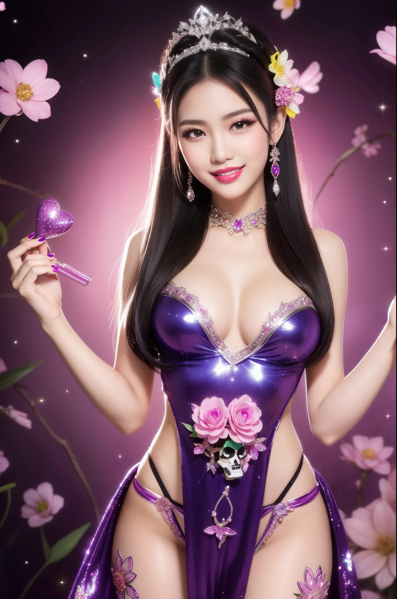 sexy Thai model who controls poison、beautiful smile、lipgloss、bold lipstick、intense makeup、look at the camera、full body Esbian、、sparkling poisoned flower costume、、、、sparkling Colorful hair、secrete poison、skull hair accessories、sexy tights、shiny sparkling flowers background