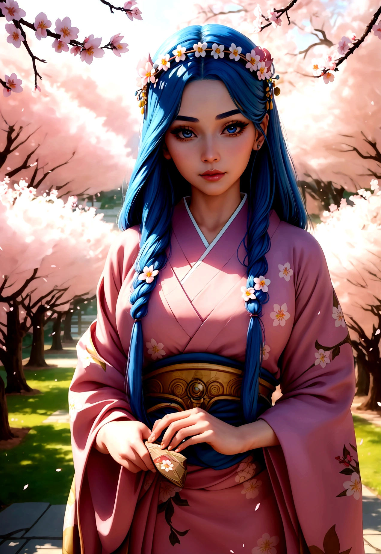 Comic book cover, Girl with long blue hair, Beautiful attention to detail, Beautiful lip detail, Highly detailed face, Long eyelashes, Intricate and detailed hairstyle, Gorgeous flower crown, Wearing Japanese clothes , Standing in a cherry blossom garden, Shining cherry blossom petals, wood々Sunlight shining through the gaps, Vibrant colors, Cinema Lighting, Realistic, 8K, Highest quality, masterpiece