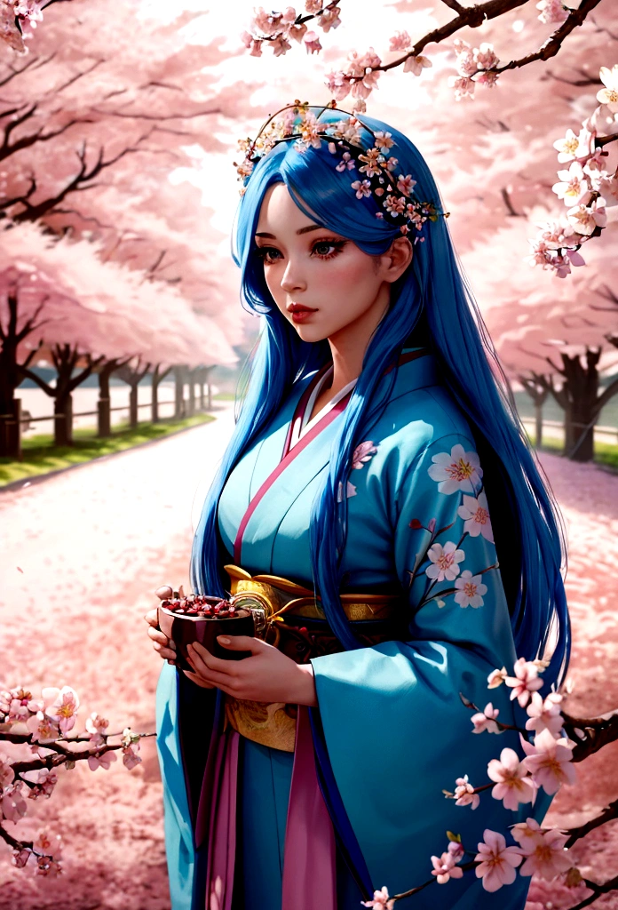 Comic book cover, Girl with long blue hair, Beautiful attention to detail, Beautiful lip detail, Highly detailed face, Long eyelashes, Intricate and detailed hairstyle, Gorgeous flower crown, Wearing Japanese clothes , Standing in a cherry blossom garden, Shining cherry blossom petals, wood々Sunlight shining through the gaps, Vibrant colors, Cinema Lighting, Realistic, 8K, Highest quality, masterpiece