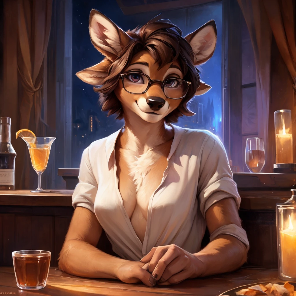 uploaded on e621, by Pixelsketcher, by Bayard Wu, by Thomas Benjamin Kennington , by Einshelm, by hioshiru and kenket, Chunie, portrait, solo anthro female deer doe, tiny featureless breasts, tiny breasts, clear dark blue, cinematic lighting, night, sitting inside at a party bar, party background, shiny, short curly dark brown hair, short hair, wears big black nerd glasses, very very beautiful furry art, furry art, thoughtful, shiny, feminine, cute face, muzzle, fluffy chest, flawless face, Fallow deer, 1girl, Sakimichan is beautiful, Masterpiece, Wavethesallow Face, shiny, Detailed image, Detailed background, portrait, Detailed image, portrait, wears pure white wide, big blouse, shiny, realistic face, perfect anatomy, hourglass body, anthropomorphic deer, happy, very happy, small ears, huge black nerd glasses, wide happy eyes, smiles, big smile, holdind a cocktail glass, hourglass body, (furry body:1.1), anthropomorphic deer, small fluffy tail, detailed background, (cute anatomy:1.1), looks into the distance, sexy, sexy look