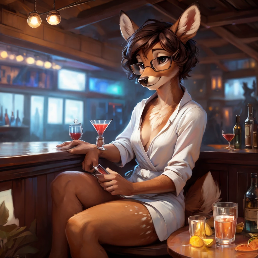 uploaded on e621, by Pixelsketcher, by Bayard Wu, by Thomas Benjamin Kennington , by Einshelm, by hioshiru and kenket, Chunie, portrait, solo anthro female deer doe, tiny featureless breasts, tiny breasts, clear dark blue, cinematic lighting, night, sitting inside at a party bar, party background, shiny, short curly dark brown hair, short hair, wears big black nerd glasses, very very beautiful furry art, furry art, thoughtful, shiny, feminine, cute face, muzzle, fluffy chest, flawless face, Fallow deer, 1girl, Sakimichan is beautiful, Masterpiece, Wavethesallow Face, shiny, Detailed image, Detailed background, portrait, Detailed image, portrait, wears pure white wide, big blouse, shiny, realistic face, perfect anatomy, hourglass body, anthropomorphic deer, happy, very happy, small ears, huge black nerd glasses, wide happy eyes, smiles, big smile, holdind a cocktail glass, hourglass body, (furry body:1.1), anthropomorphic deer, small fluffy tail, detailed background, (cute anatomy:1.1), looks into the distance, sexy, sexy look
