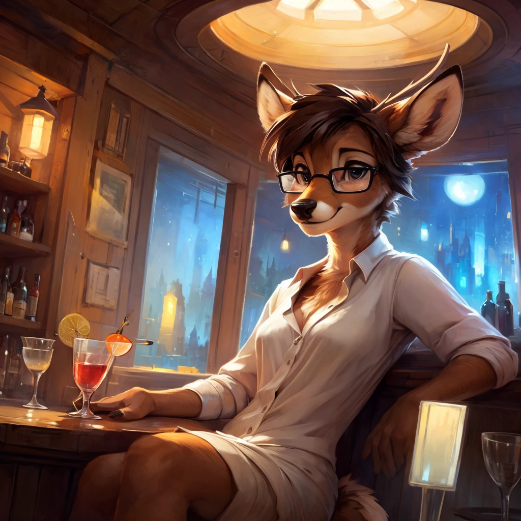 uploaded on e621, by Pixelsketcher, by Bayard Wu, by Thomas Benjamin Kennington , by Einshelm, by hioshiru and kenket, Chunie, portrait, solo anthro female deer doe, tiny featureless breasts, tiny breasts, clear dark blue, cinematic lighting, night, sitting inside at a party bar, party background, shiny, short curly dark brown hair, short hair, wears big black nerd glasses, very very beautiful furry art, furry art, thoughtful, shiny, feminine, cute face, muzzle, fluffy chest, flawless face, Fallow deer, 1girl, Sakimichan is beautiful, Masterpiece, Wavethesallow Face, shiny, Detailed image, Detailed background, portrait, Detailed image, portrait, wears pure white wide, big blouse, shiny, realistic face, perfect anatomy, hourglass body, anthropomorphic deer, happy, very happy, small ears, huge black nerd glasses, wide happy eyes, smiles, big smile, holdind a cocktail glass, hourglass body, (furry body:1.1), anthropomorphic deer, small fluffy tail, detailed background, (cute anatomy:1.1), looks into the distance, sexy, sexy look