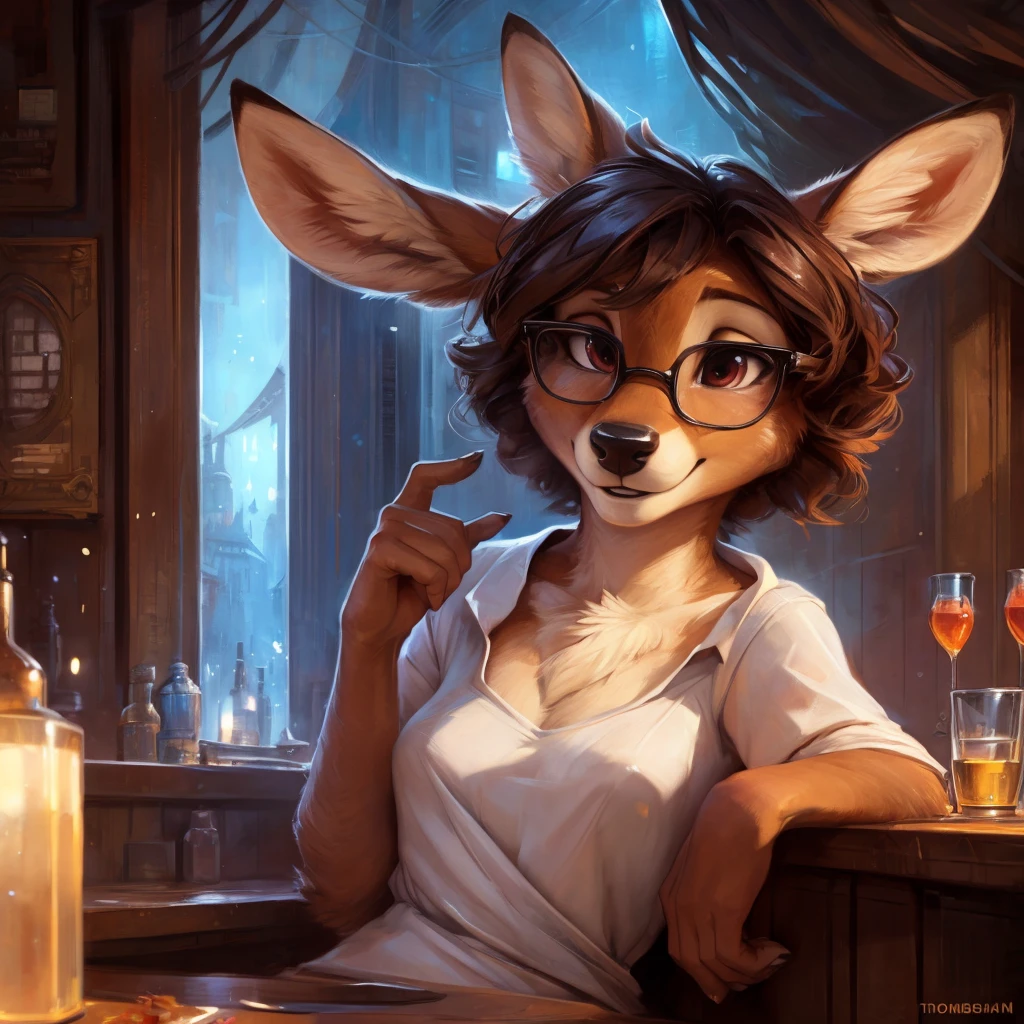 uploaded on e621, by Pixelsketcher, by Bayard Wu, by Thomas Benjamin Kennington , by Einshelm, by hioshiru and kenket, Chunie, portrait, solo anthro female deer doe, tiny featureless breasts, tiny breasts, clear dark blue, cinematic lighting, night, sitting inside at a party bar, party background, shiny, short curly dark brown hair, short hair, wears big black nerd glasses, very very beautiful furry art, furry art, thoughtful, shiny, feminine, cute face, muzzle, fluffy chest, flawless face, Fallow deer, 1girl, Sakimichan is beautiful, Masterpiece, Wavethesallow Face, shiny, Detailed image, Detailed background, portrait, Detailed image, portrait, wears pure white wide, big blouse, shiny, realistic face, perfect anatomy, hourglass body, anthropomorphic deer, happy, very happy, small ears, huge black nerd glasses, wide happy eyes, smiles, big smile, holdind a cocktail glass, hourglass body, (furry body:1.1), anthropomorphic deer, small fluffy tail, detailed background, (cute anatomy:1.1), looks into the distance, sexy, sexy look