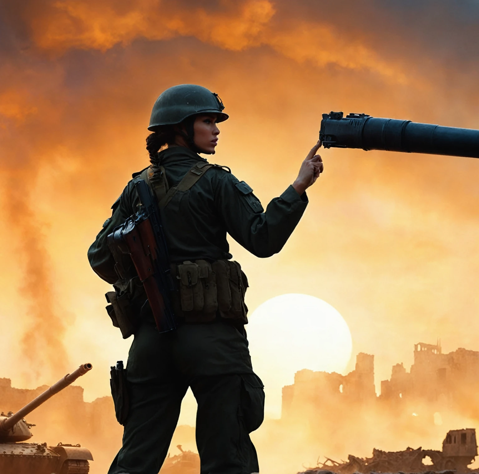 （A female soldier raised her hand to touch something，Carrying a gun，Background is the ruins of the city，Under the sunset：1.5）painting masterpiece, Extremely detailed, Black White Dark Steel Dark Blue Black Light Brown Dark Brown White Light Orange Dark Red Dark Green, Dramatic Lighting, evening, High contrast, steam, FOG, Israeli soldiers fighting with tanks on the battlefield, Movie Lighting, Aspect ratio of 16:9, steam, 4K, professional ominous Concept Art, author：artgerm and greg rutkowski, complex, elegant, Highly detailed digital painting, Concept Art, Smooth, Clear focus, illustration, Simon Starenhagen&#39;s style, Wayne Barlow, 和 igor kieryluk., Acrylic painting, Popular in pixiv Fan Box, Palette knife and brush strokes, Makoto Shinkai&#39;s styleJamie WiseJames GirardEdward HopperGreg RutkowskiStudio GhibliGenshin Impact