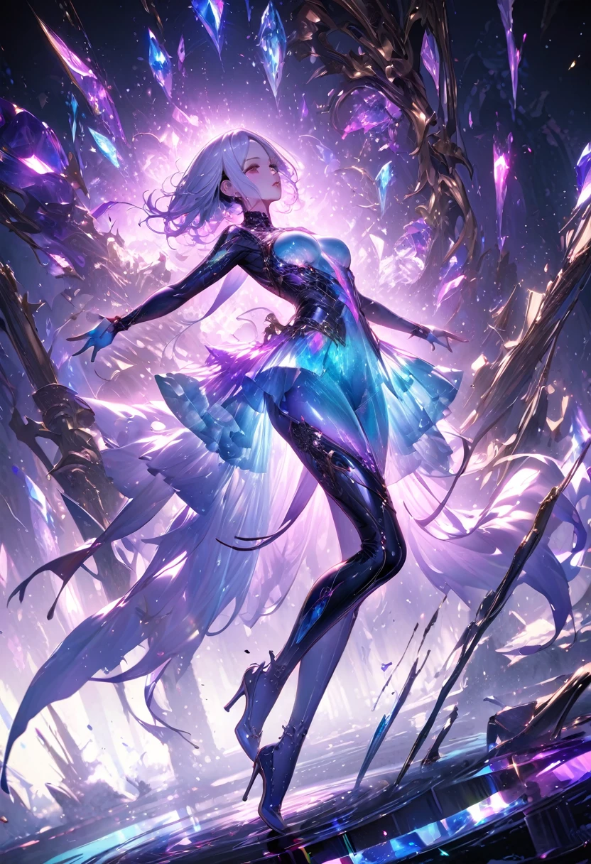 crystal covered, （Full body ：1.3） side shot, alternate color, masterpiece, detailed illustration, realistic, pixiv top quality, exquisite, {{{kawaii 1girl}}}, ultra beauties who fuse with machines, glitter beautiful female, Half of my body is made of machines, transparent glass body, The machines inside the body are transparent, cinematic lighting, dynamic angle, dynamic pose, crystal world, depth of field，Shiny socks，Crystal stockings，Crystal high heels
