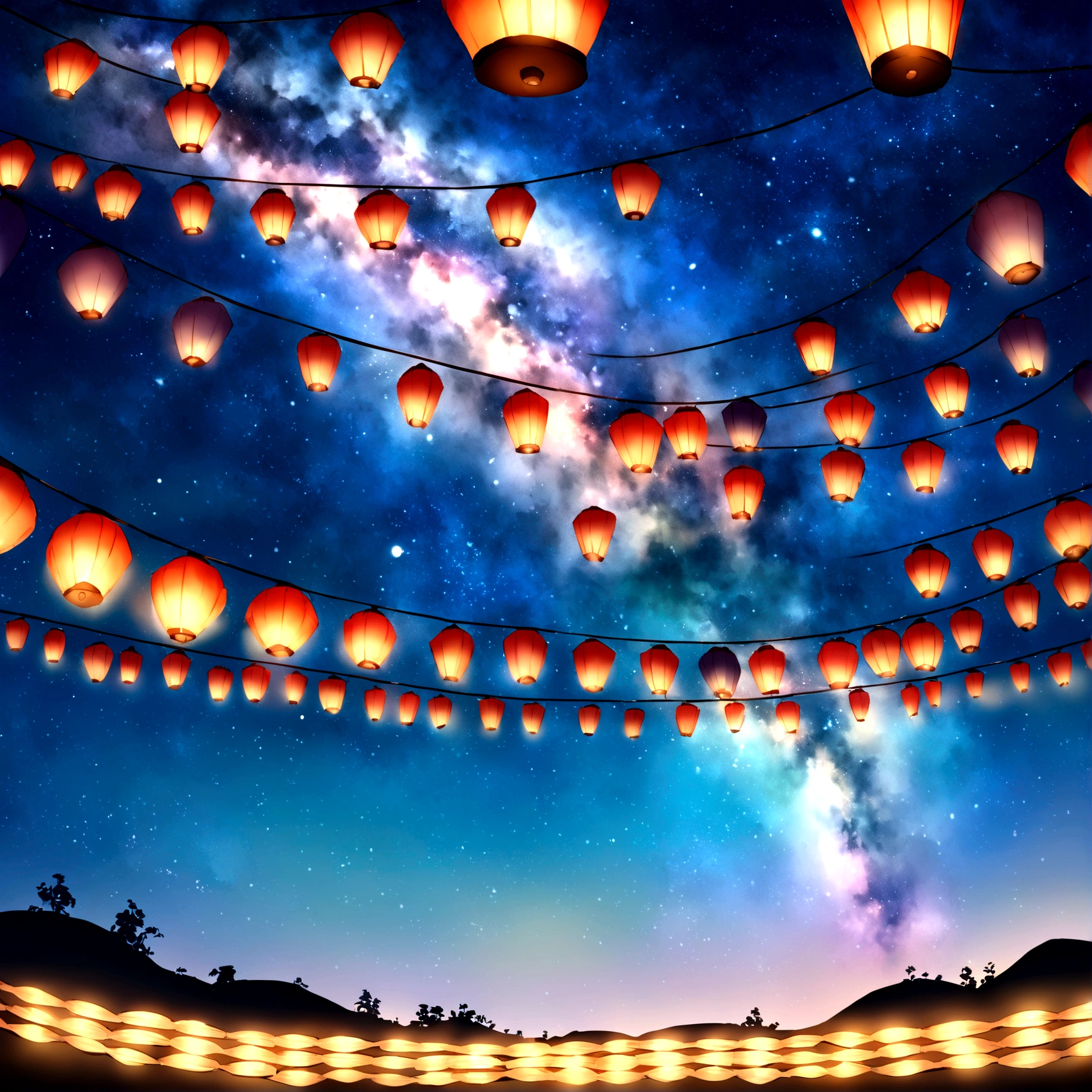 Summer festival、Japan、Bon dance、milky way、The composition ratio of the sky is 60%、No people、The number of lanterns6t
