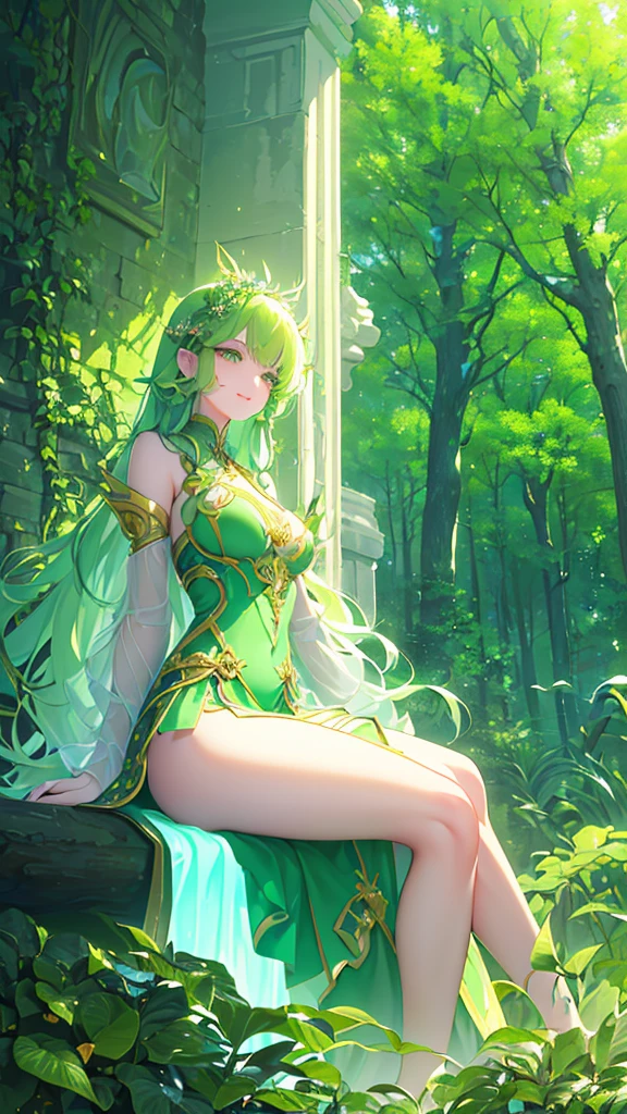 Name: Yui-ko
Element: VERDANTHIA
Description: The Nurturer, guardian of the Green Forest. A gentle, wise, and powerful being, cherishing the balance of nature. Her ethereal presence brings growth and restoration.
Prompt: ((((Masterpiece, Top tier, Ultra high definition)))), 1girl, serene, sitting, (long, wavy, green hair), ((glowing aura)), (((ultra detailed face, beautiful and detailed eyes:0.9))), ((left side view)), (full body shot), surrounded by greenery, ((fair complexion)), (emerald green eyes), ((lovely smile)), (((head, shoulders, arms, and thighs visible))), ((crossed legs)), ((gentle expression)), beautiful lighting, forest, ((defined subject)), 27 years old, (((contented)), ((calm)), (((high saturation)))